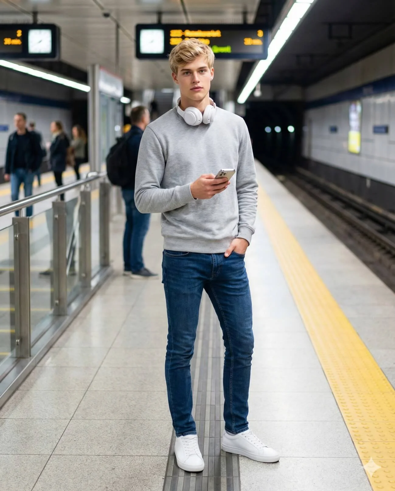 Man with white headphones holding a phone on a metro platform