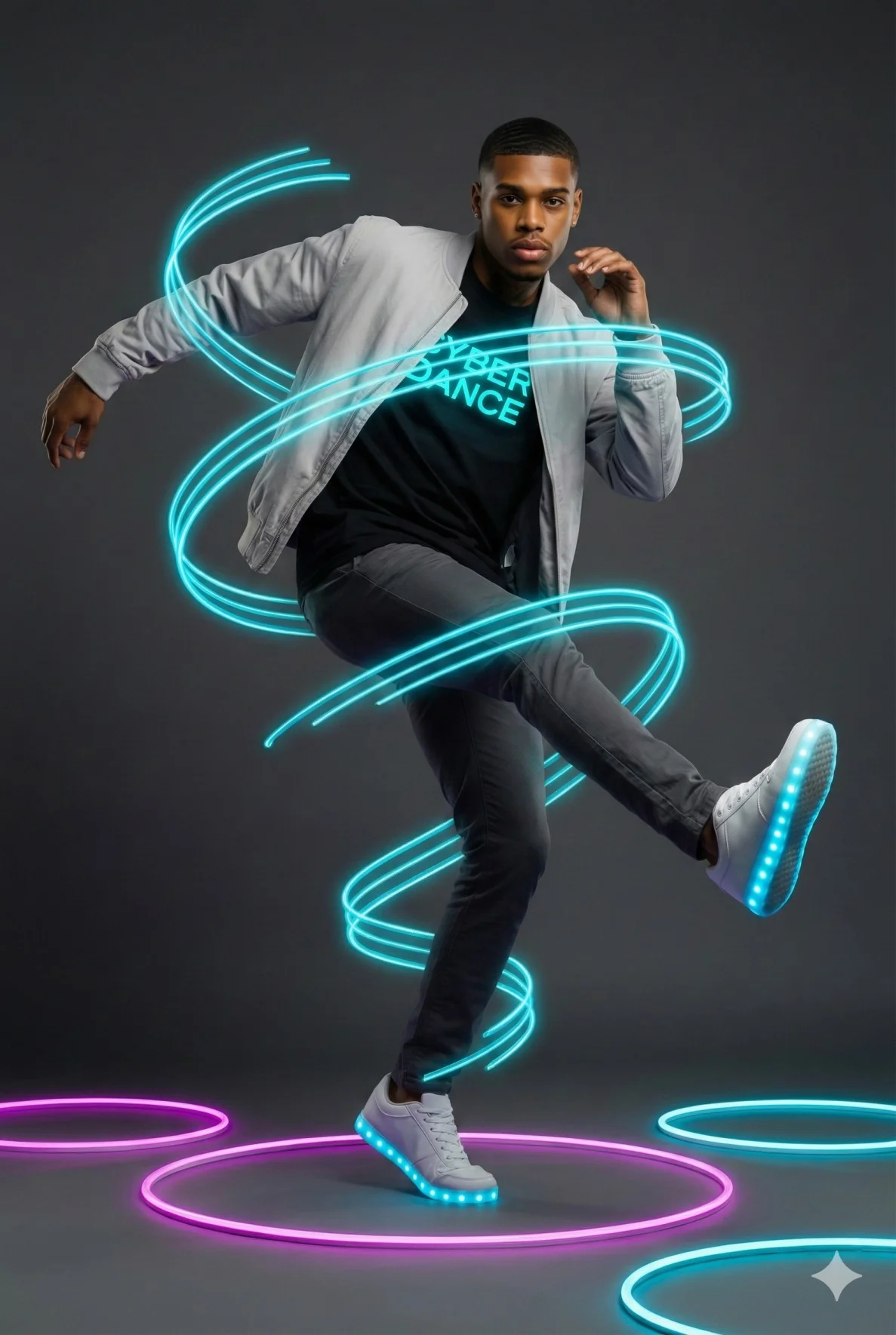 Dancing man surrounded by a spiraling cyan neon light ribbon