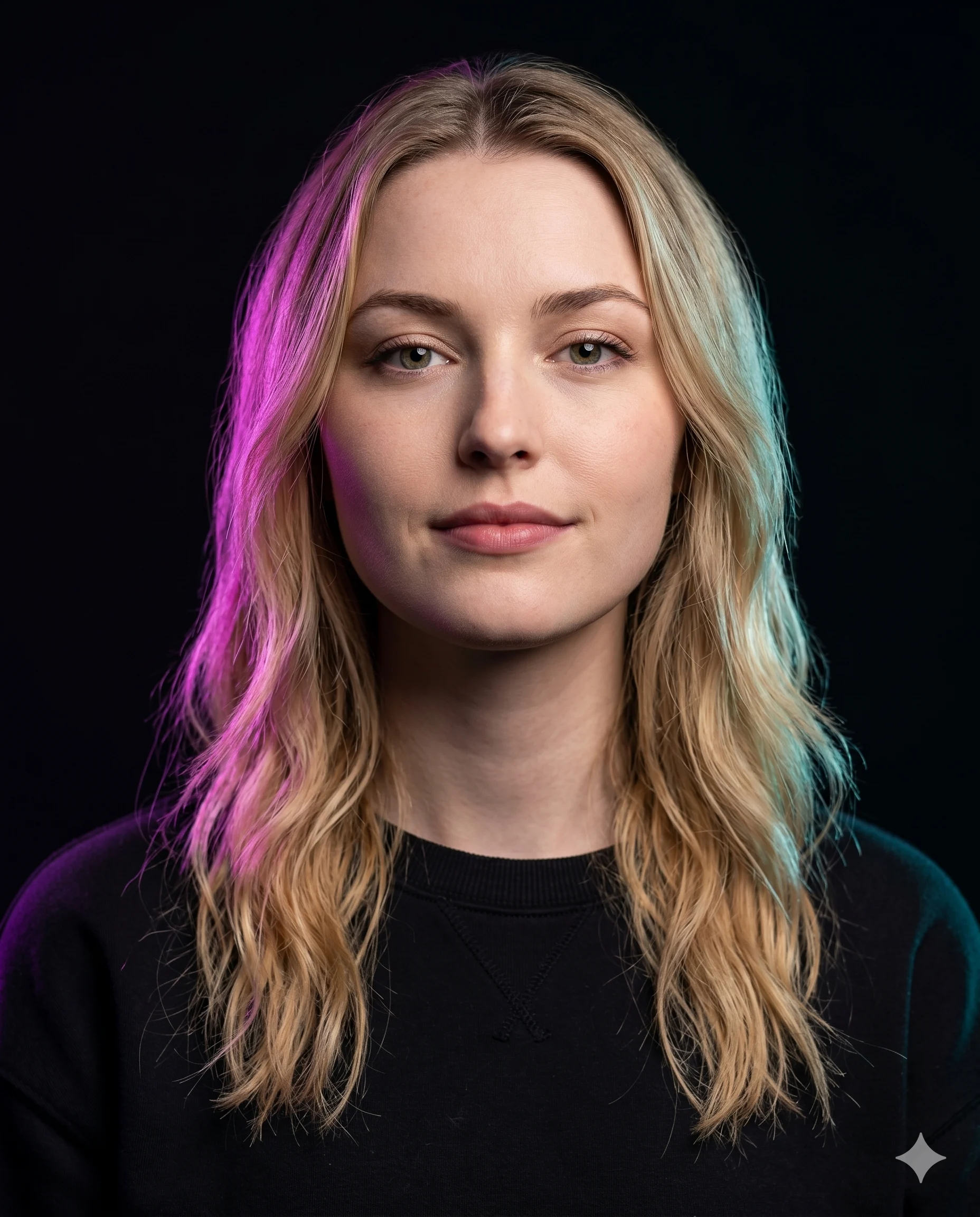Woman in a black sweatshirt lit by magenta and cyan studio lights