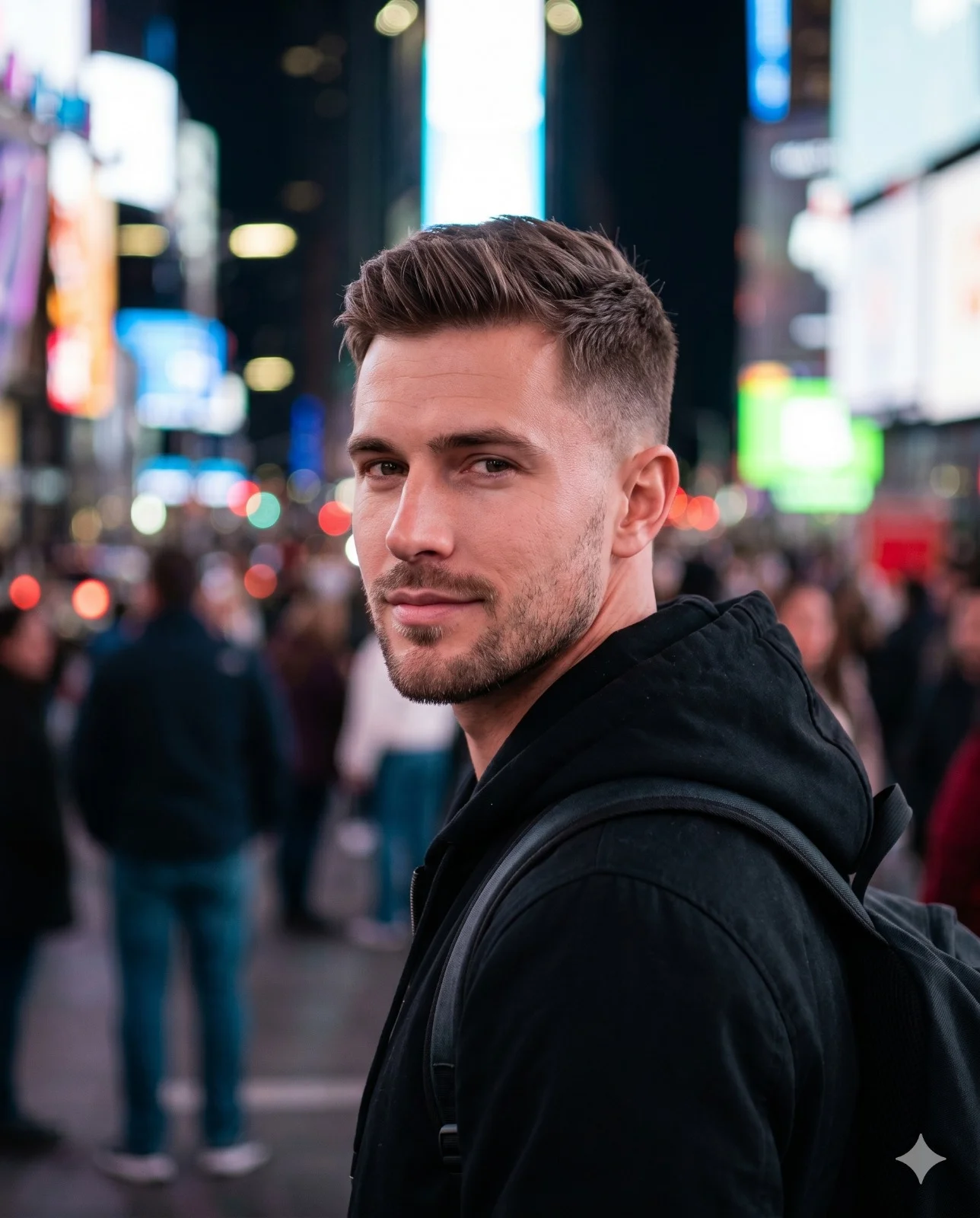 Man in a black hoodie looking back amid blurred Times Square lights