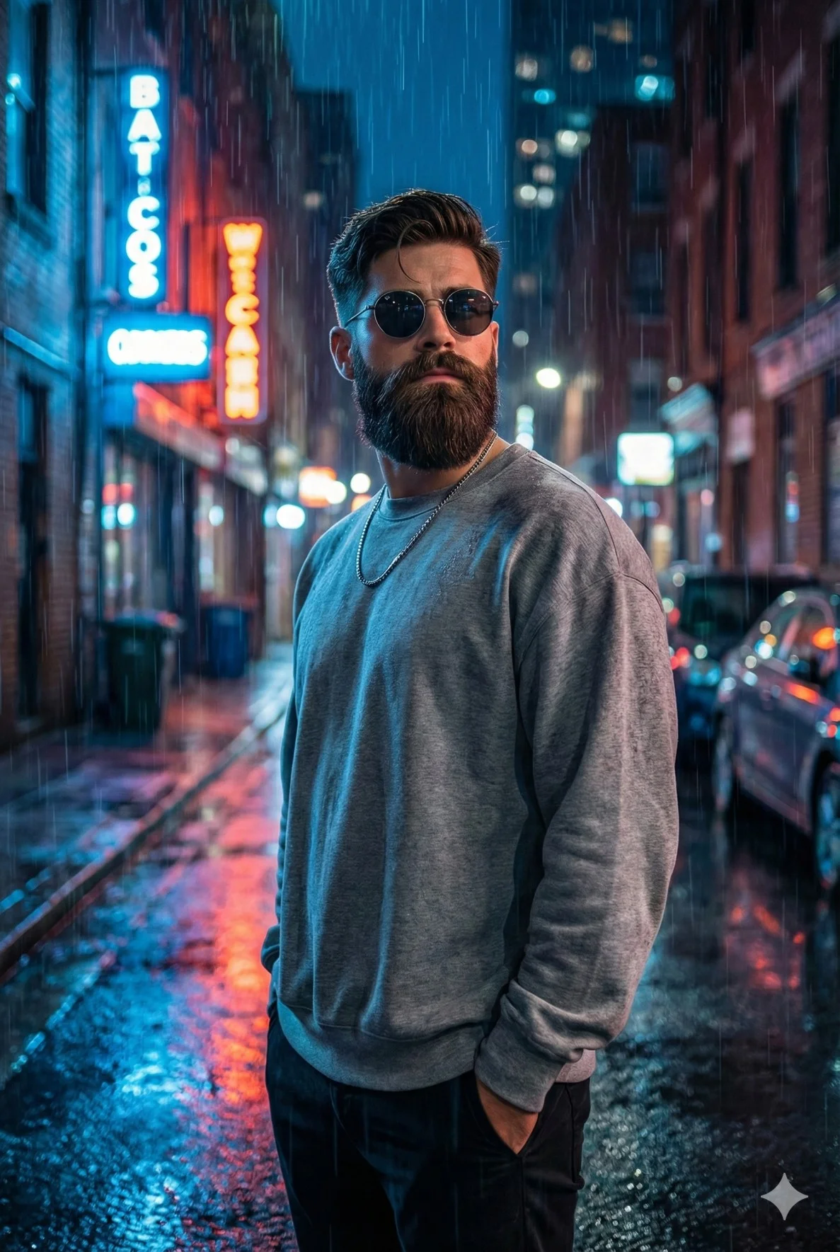 Man in a gray sweatshirt and sunglasses standing in a neon-lit rainy alley
