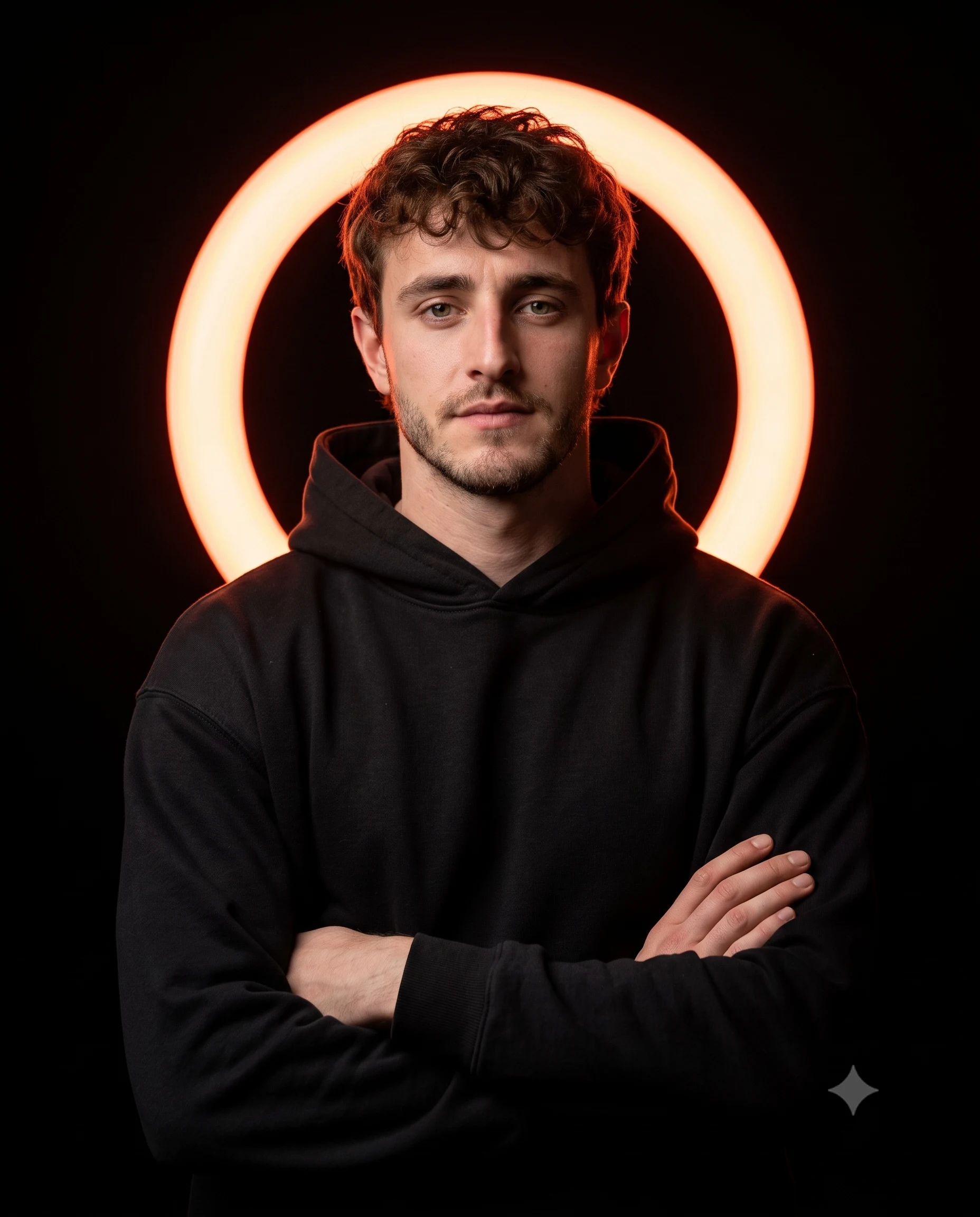 Person in a black hoodie with crossed arms framed by an orange-red neon ring