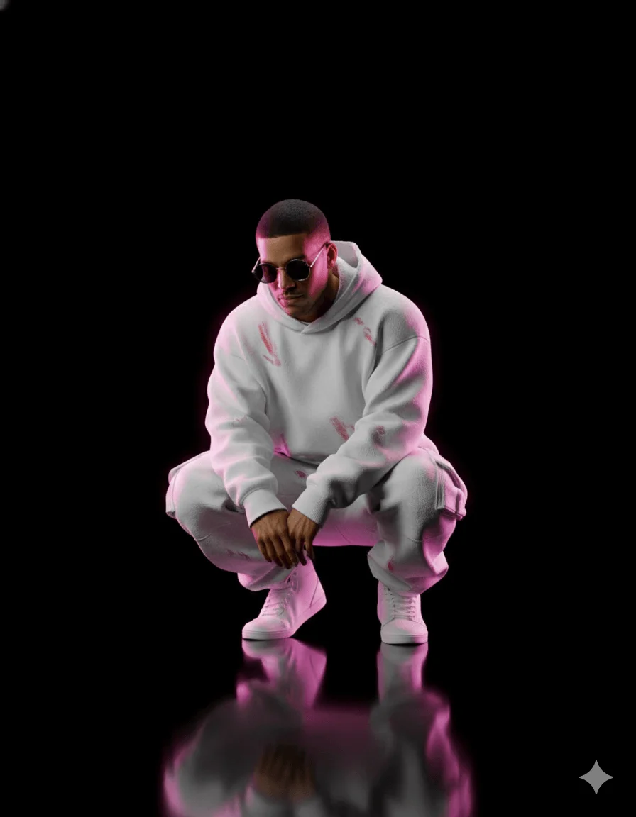Lone figure in white streetwear squatting above a glossy reflection with pink neon rim light
