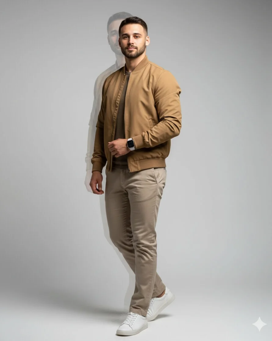 Young man in a tan bomber and beige trousers posing against a light-gray studio background