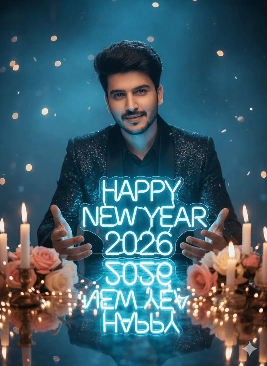 Person presenting glowing Happy New Year 2026 text at a candlelit decorated table