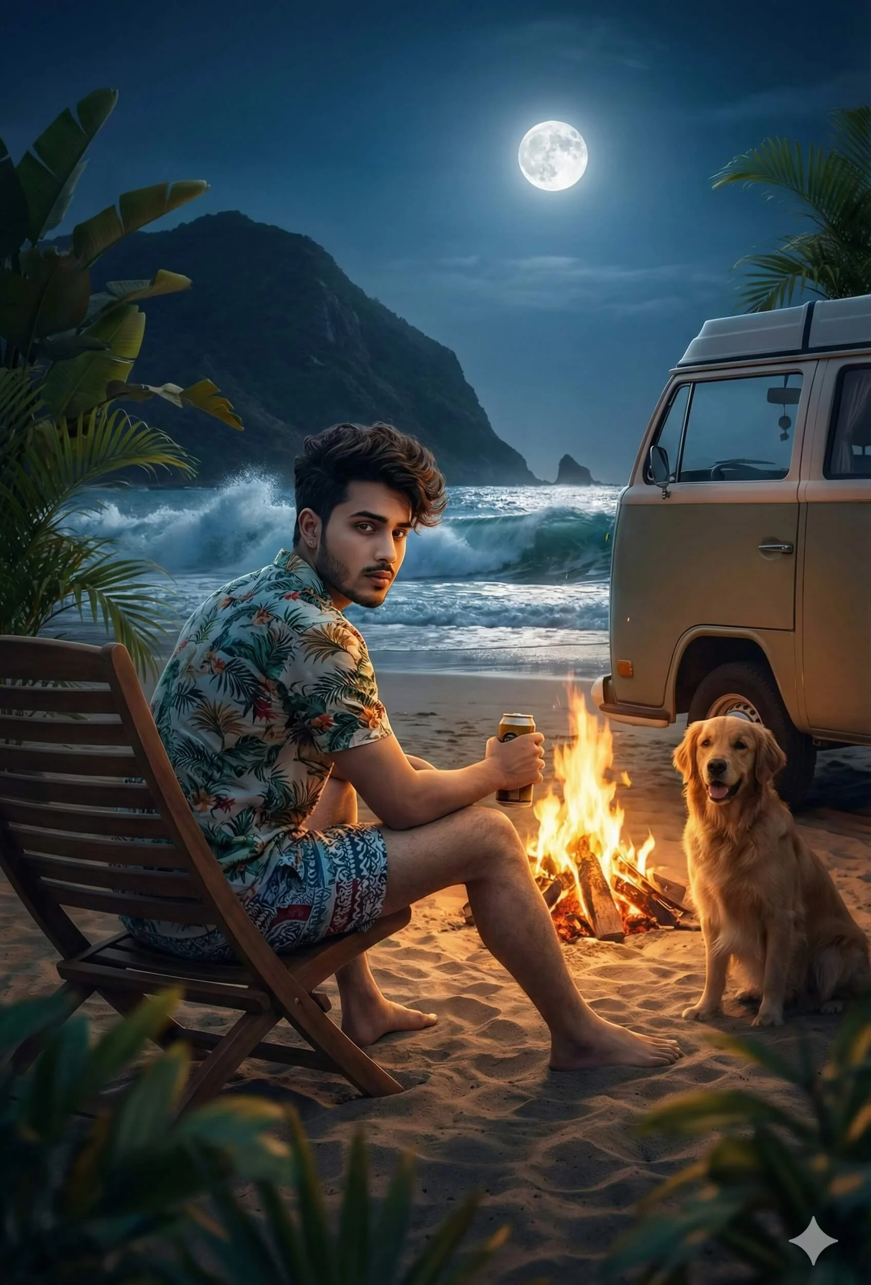 Man seated beside a beach bonfire at night with a dog, van, and moonlit waves