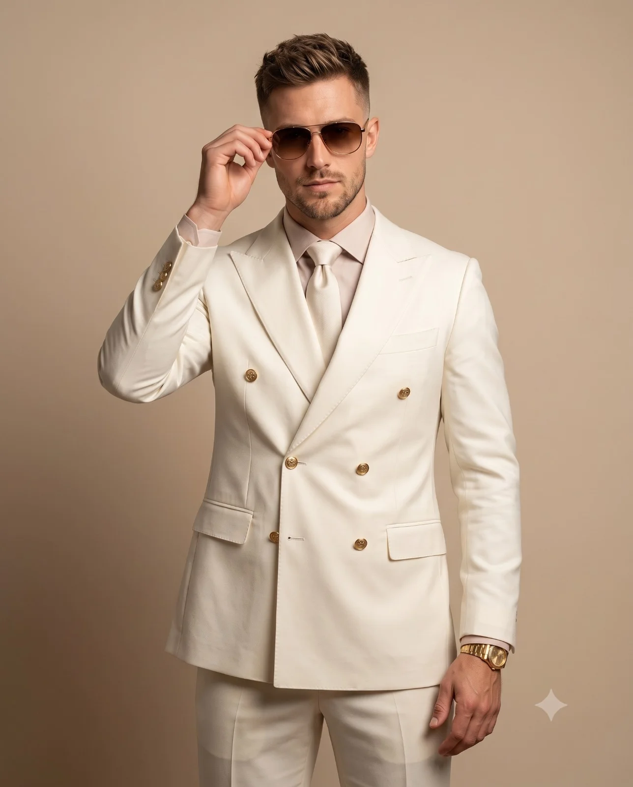 Man in an ivory double-breasted suit adjusting sunglasses in a beige studio