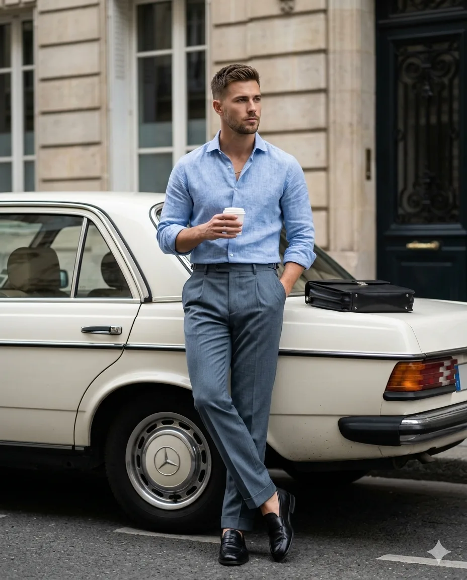 Man in blue linen and gray trousers holding coffee beside a cream vintage car