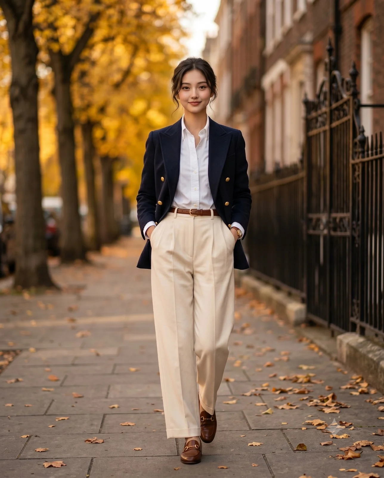 Woman in a navy blazer and cream trousers walking along a golden autumn sidewalk