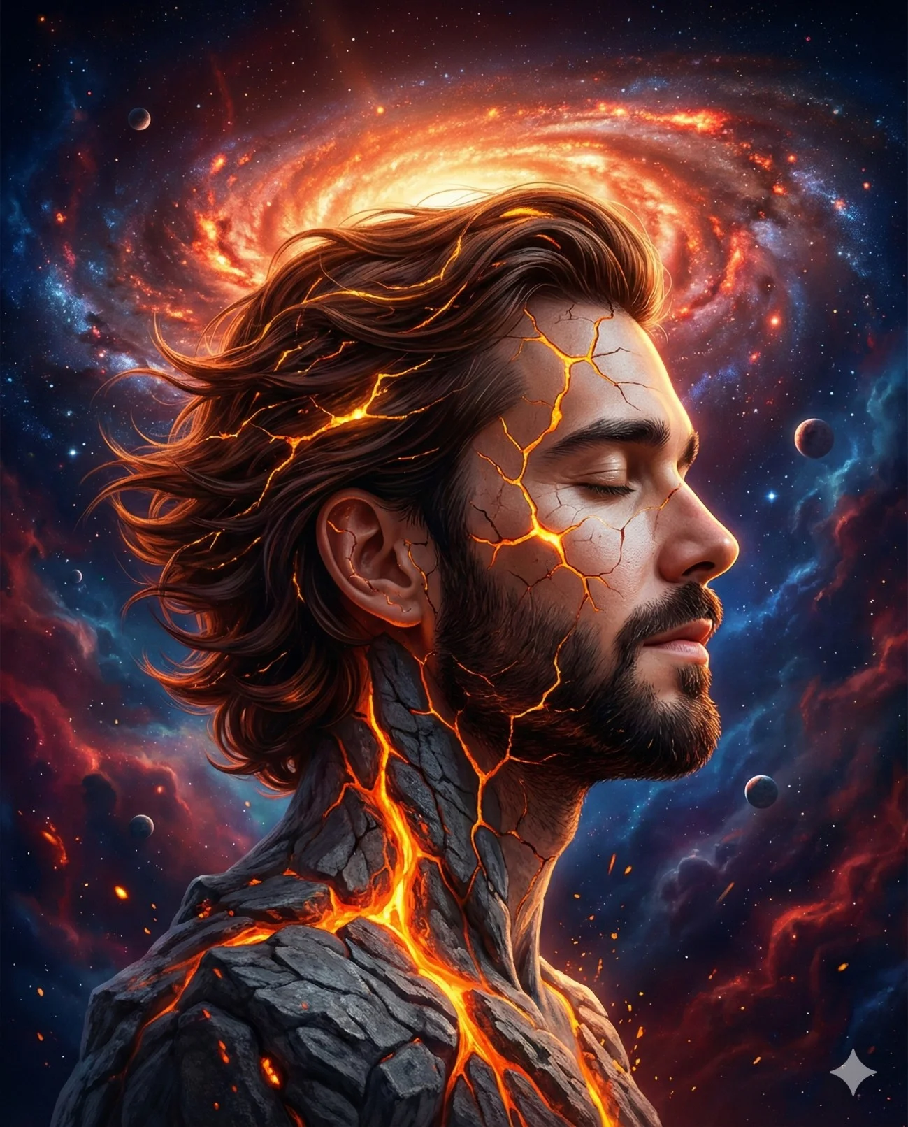 Side-profile person with glowing cracked skin and lava-rock shoulder before a spiral galaxy