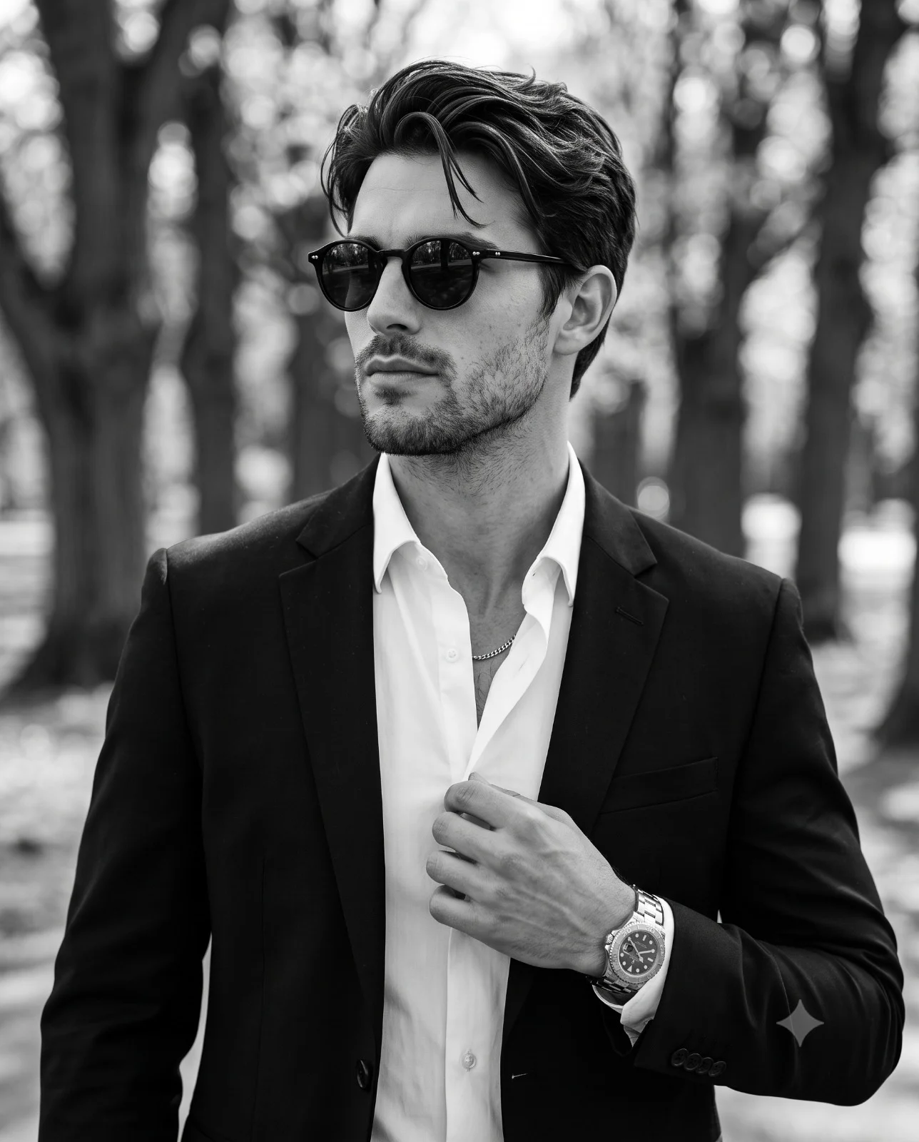 Man in a black suit and round sunglasses posing in a tree-lined park