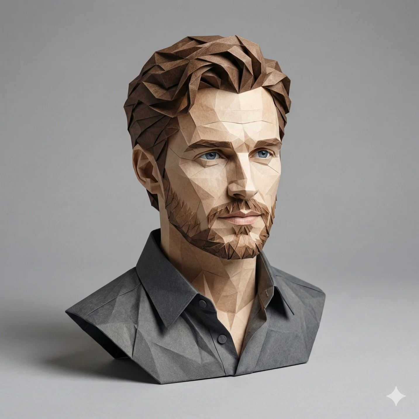 Front-facing origami-style paper bust with crisp folds on a white studio background