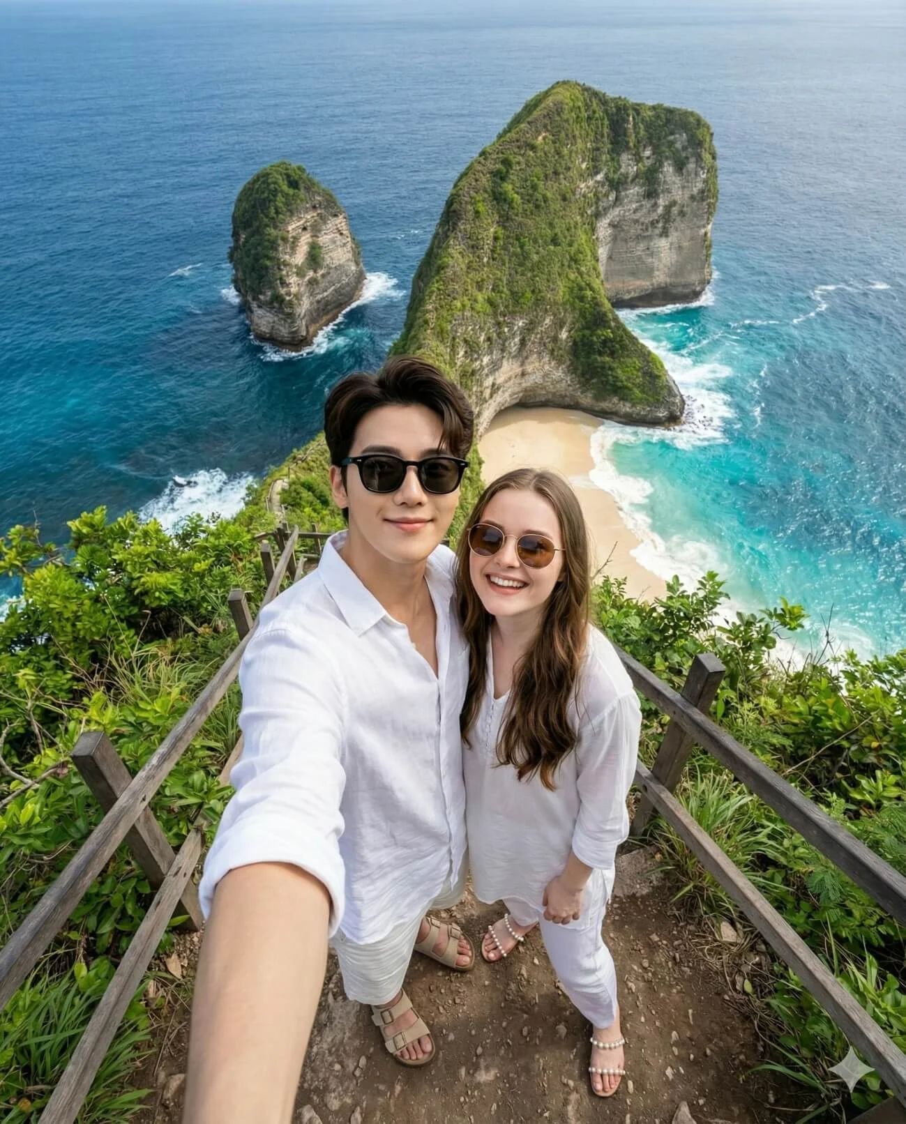 Couple in white outfits taking a selfie above Kelingking Beach and its turquoise bay