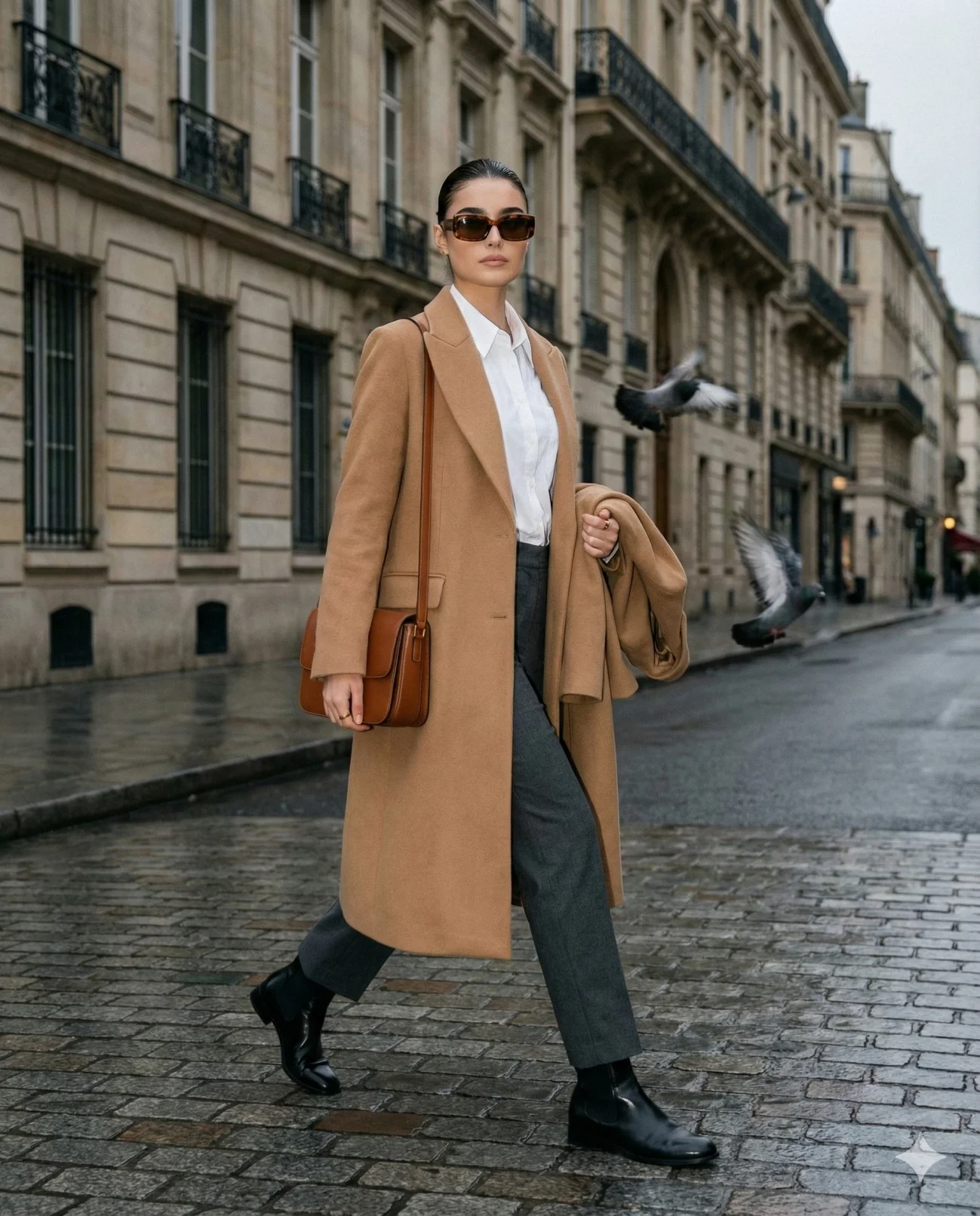 Woman in a camel coat walking across wet Paris cobblestones as pigeons fly behind