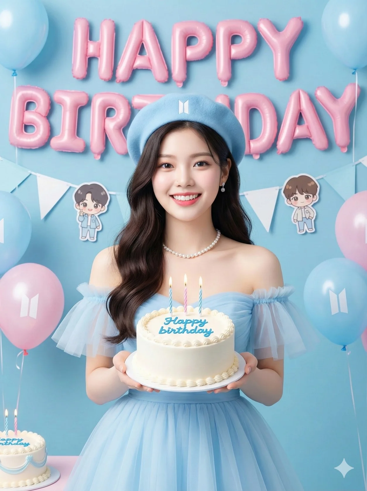 Smiling person in a light-blue birthday outfit holding a pastel decorated cake