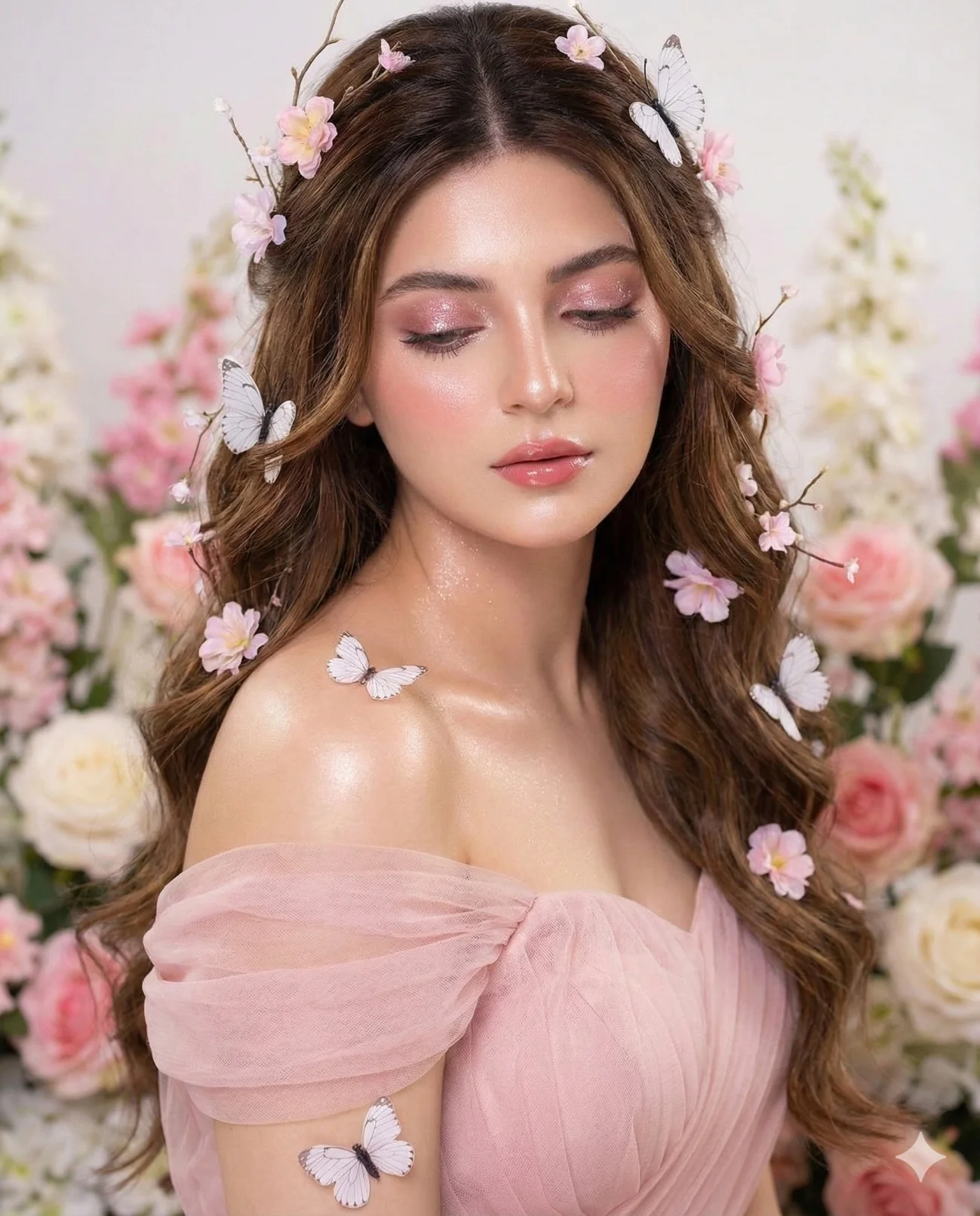 Woman in a pastel-pink gown surrounded by flowers and delicate white butterflies