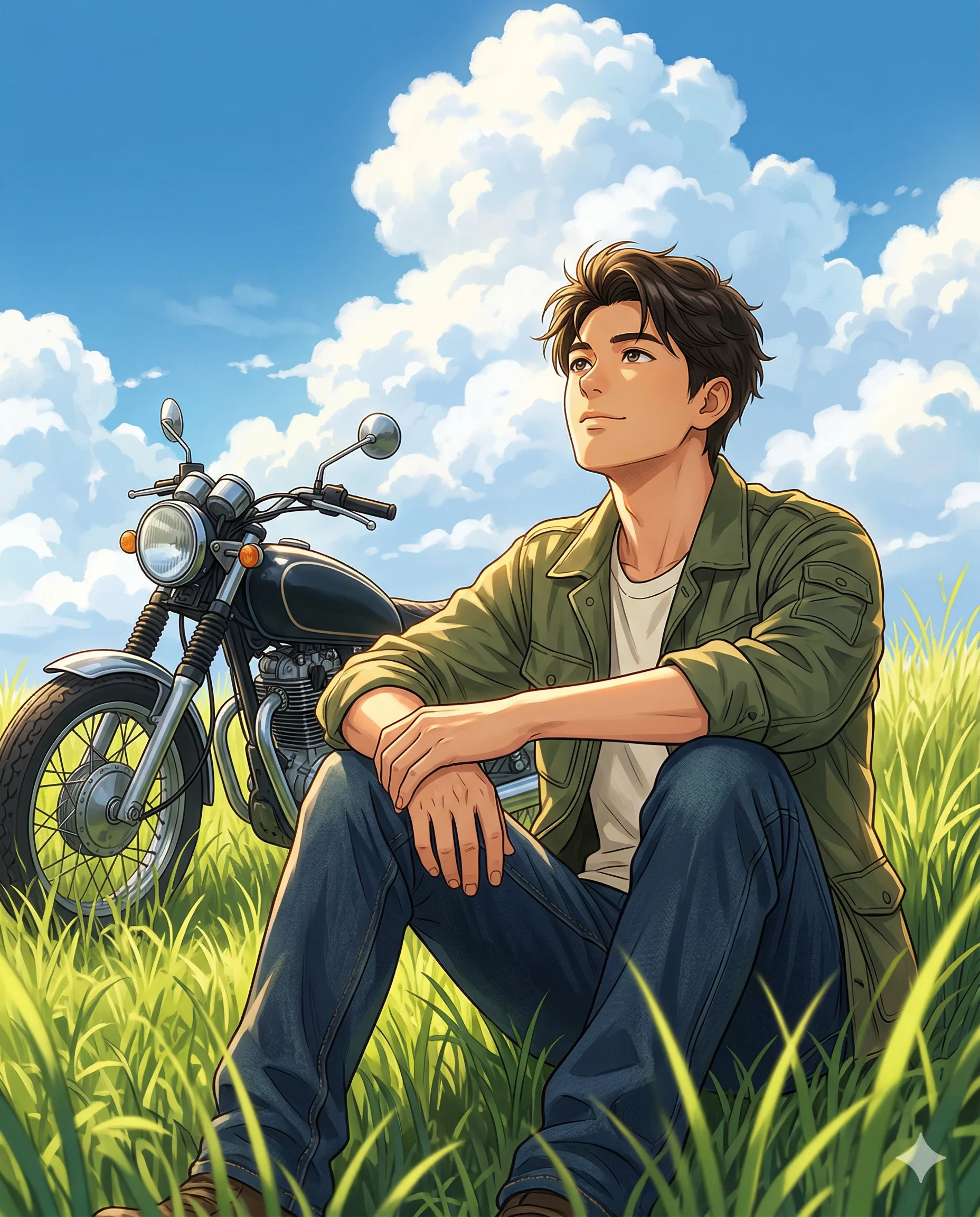 Anime-style man seated in tall grass beside a classic motorcycle beneath the sky