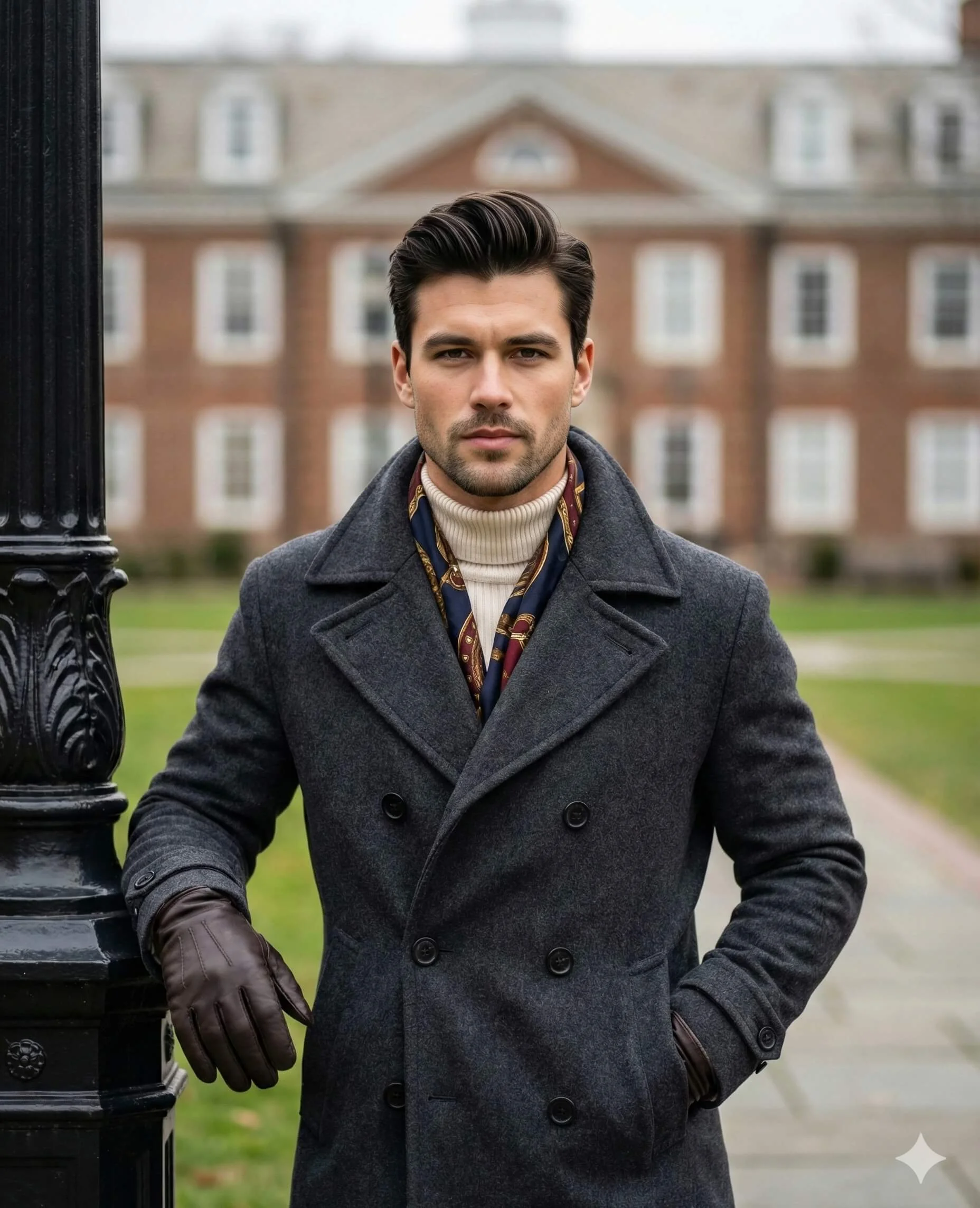 Man in a dark peacoat and patterned scarf leaning on an ornate black lamppost