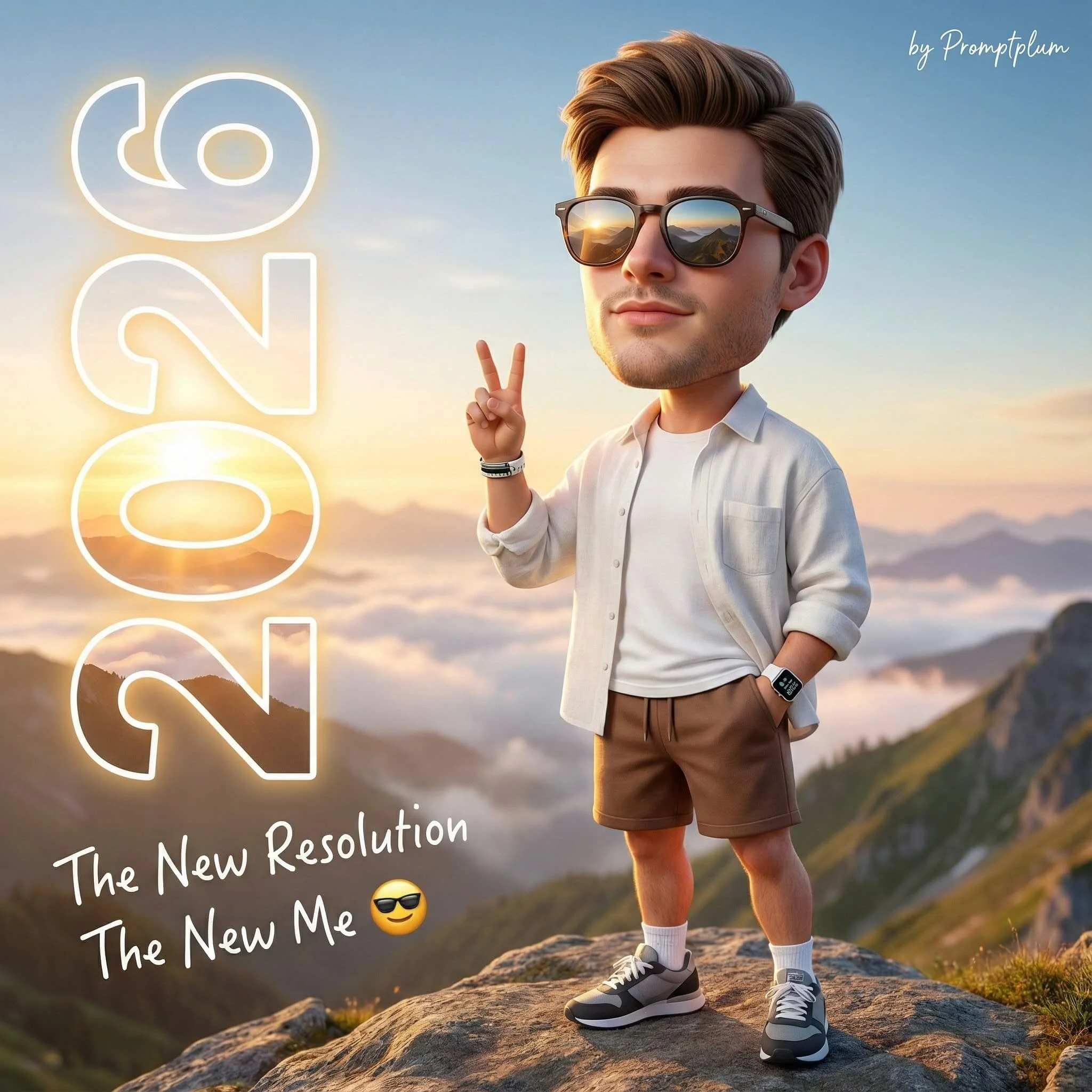 Big-head man in white clothing making a V sign on a sunrise mountain beside 2026 text