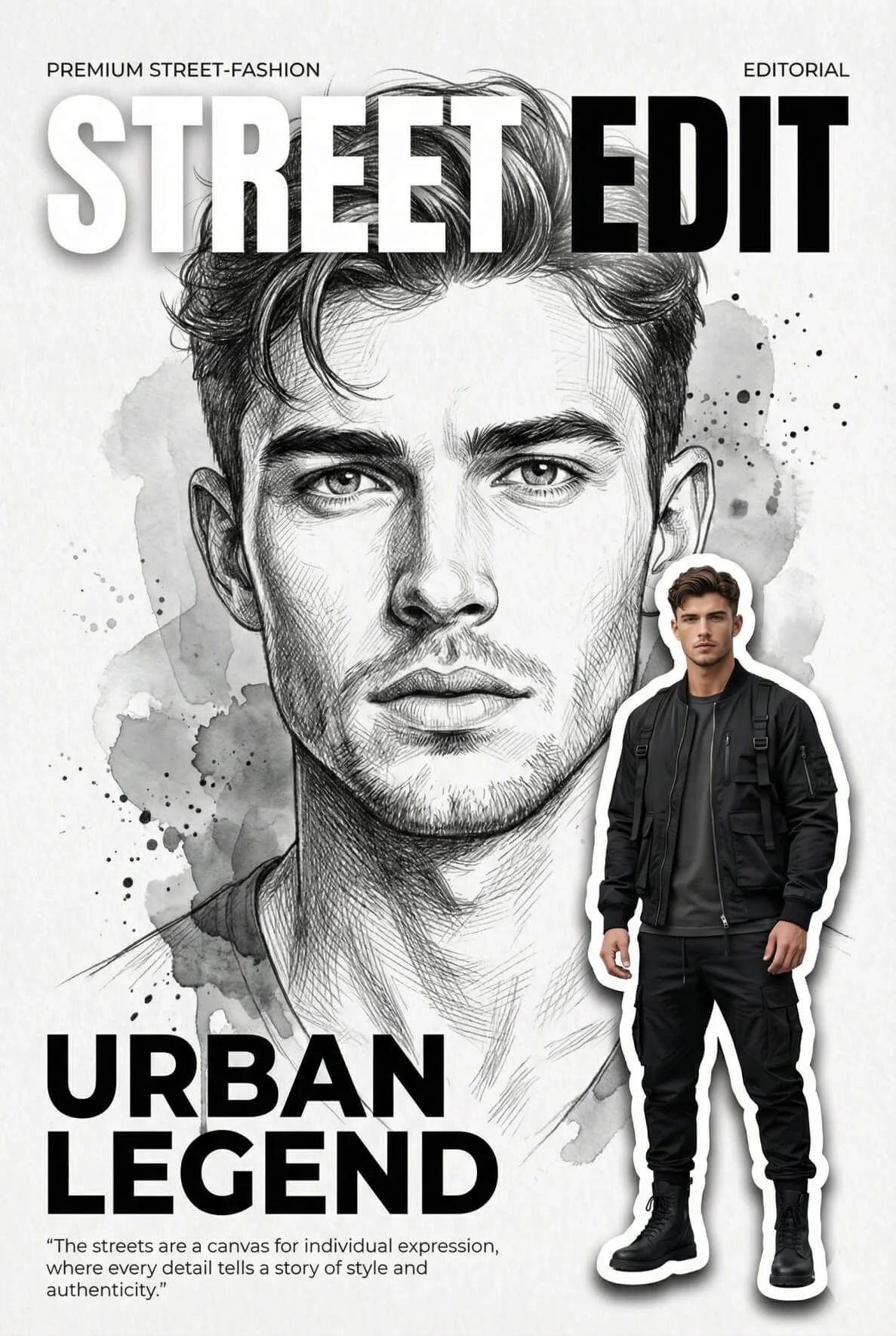 Street-fashion poster with graphite face sketch and a black-techwear full-body cutout