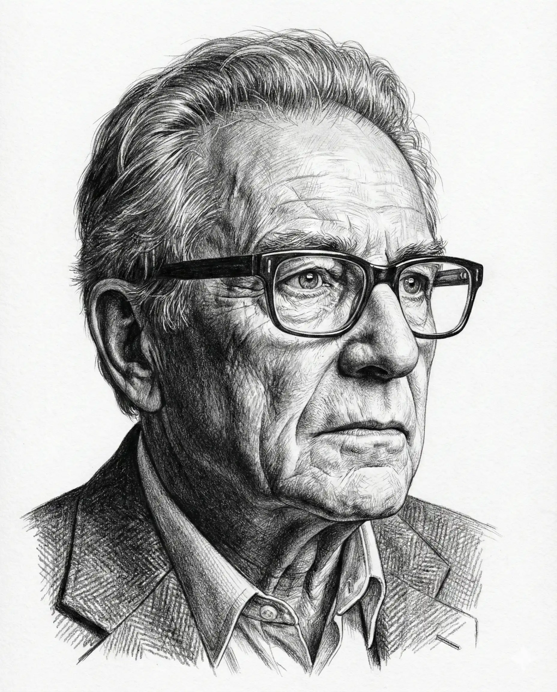 Formal graphite portrait of a thoughtful person in rectangular glasses and a collared jacket