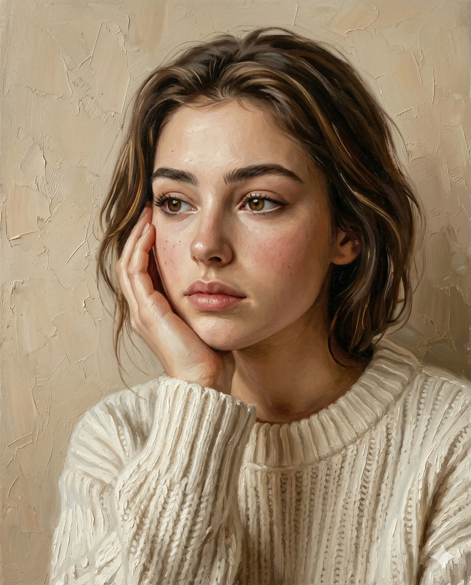 Oil painting of a pensive woman resting her cheek on her hand