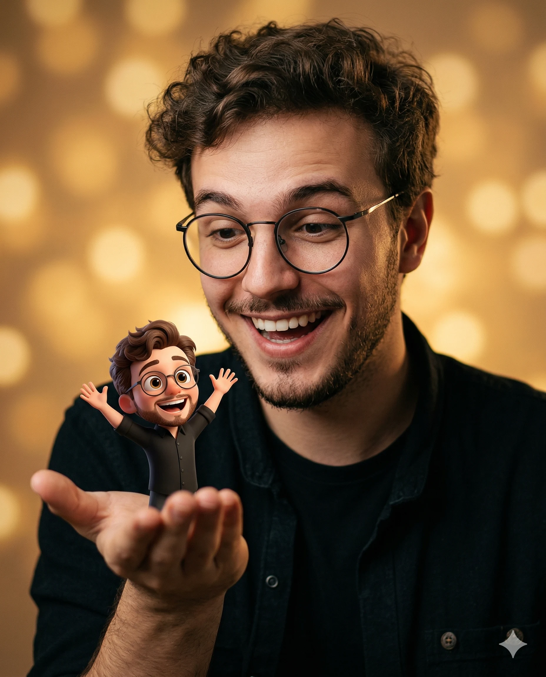Smiling man holding a tiny cartoon version of himself on his open palm