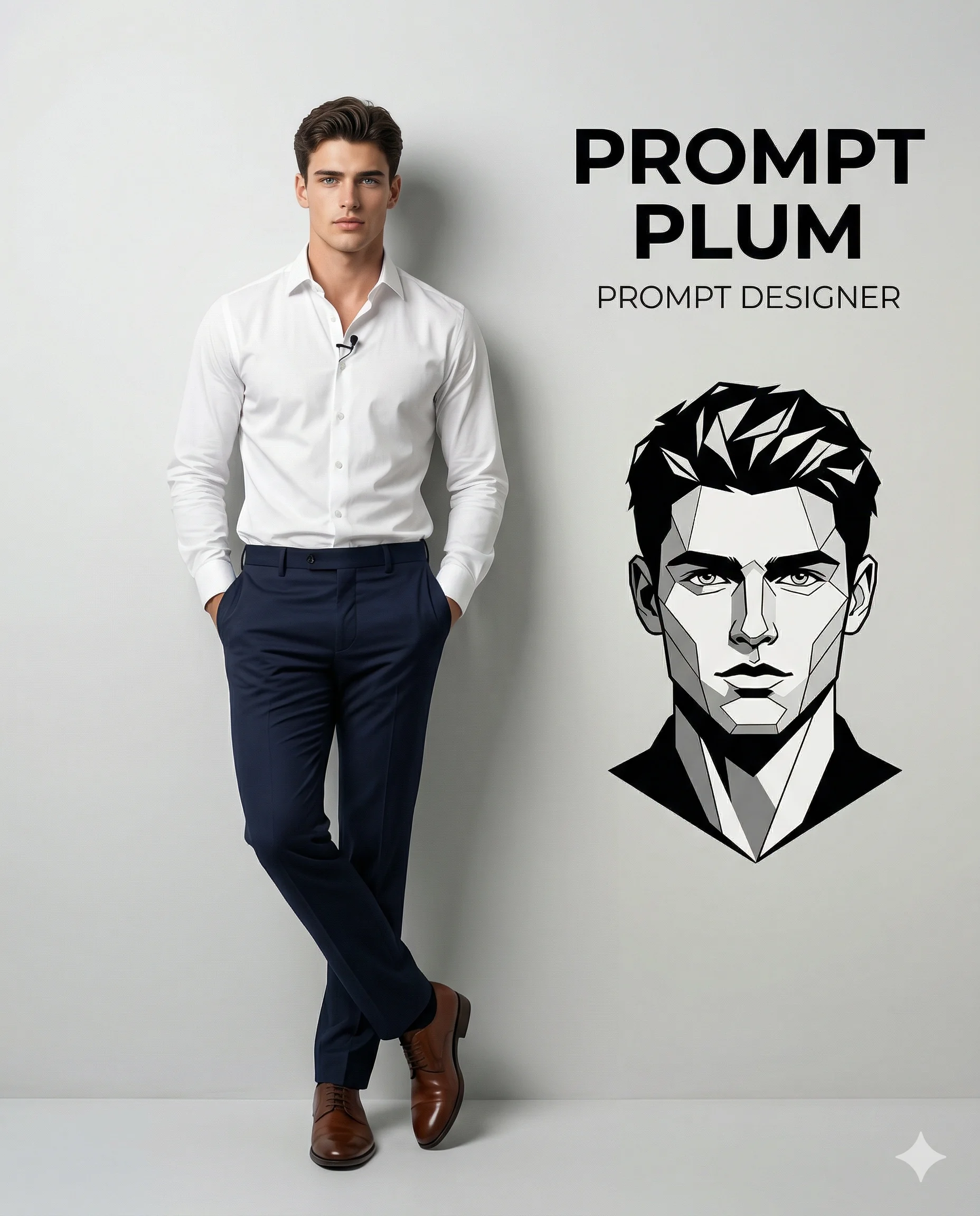 Man in professional attire beside a geometric vector portrait and branding text