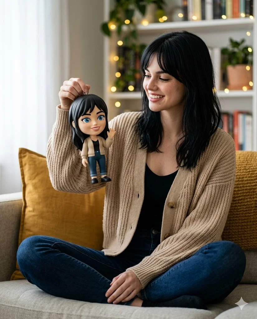 Smiling woman holding a miniature doll dressed like her