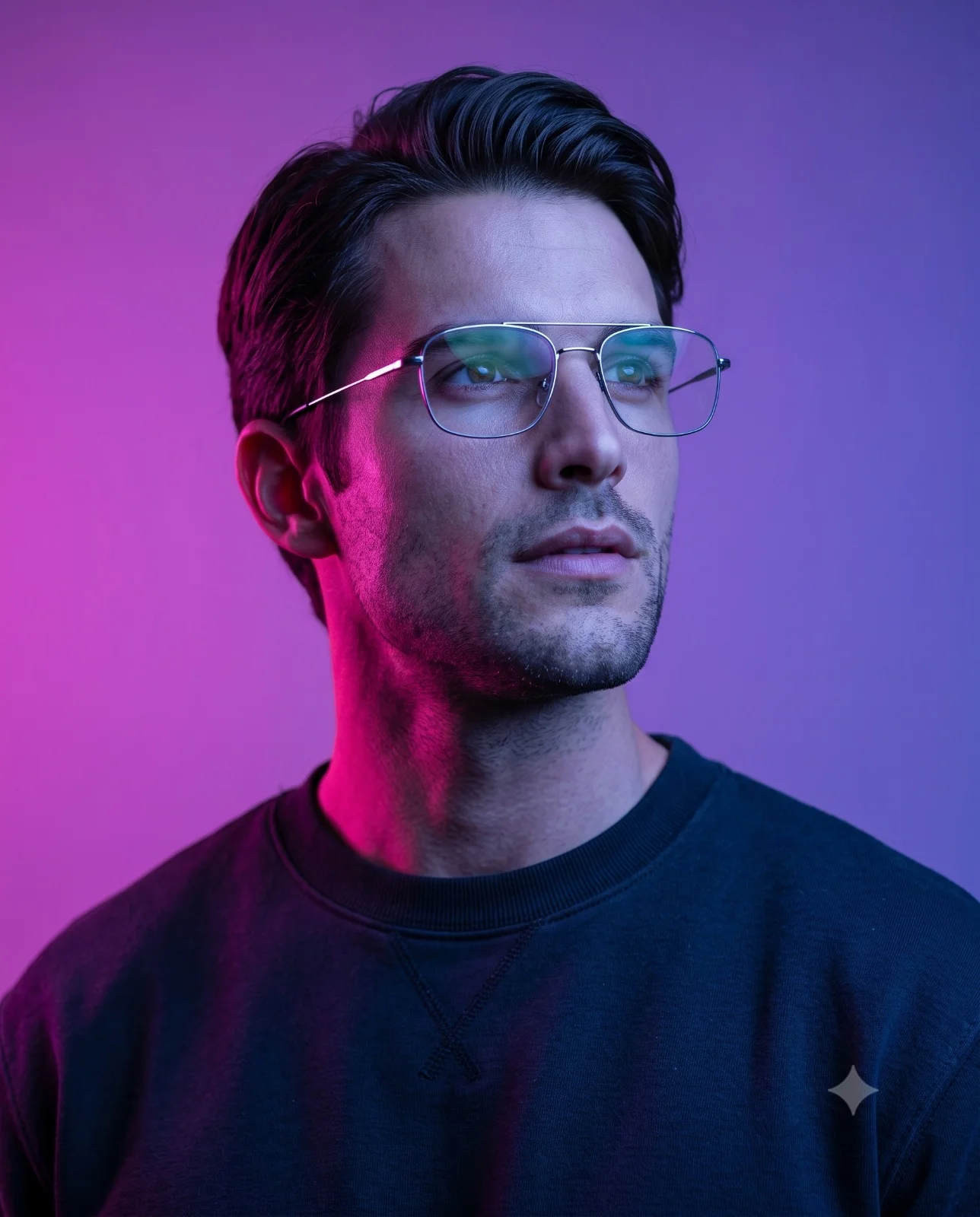Man in glasses looking upward under pink and blue neon lighting