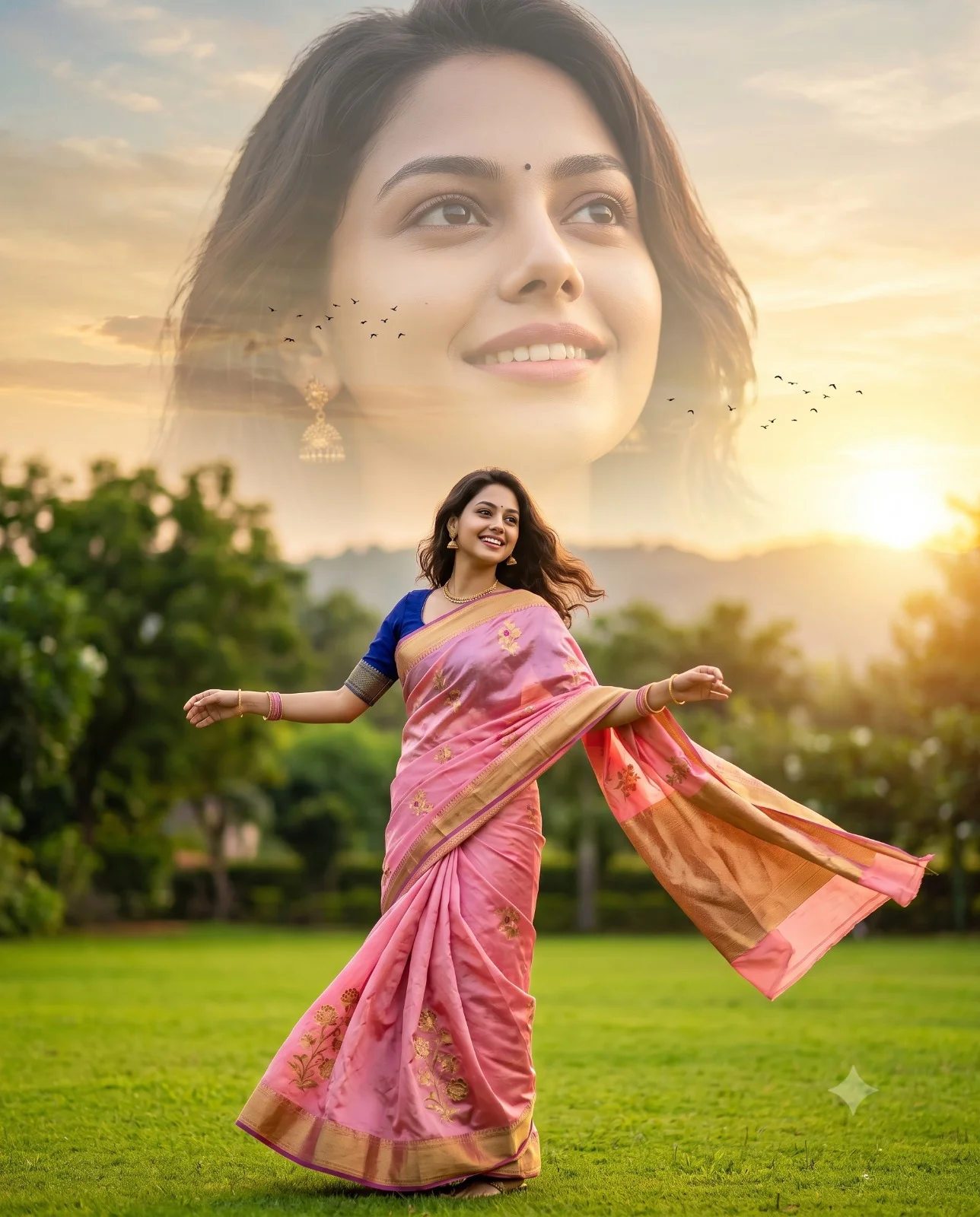 Woman twirling in a pink saree beneath a translucent portrait in the sky