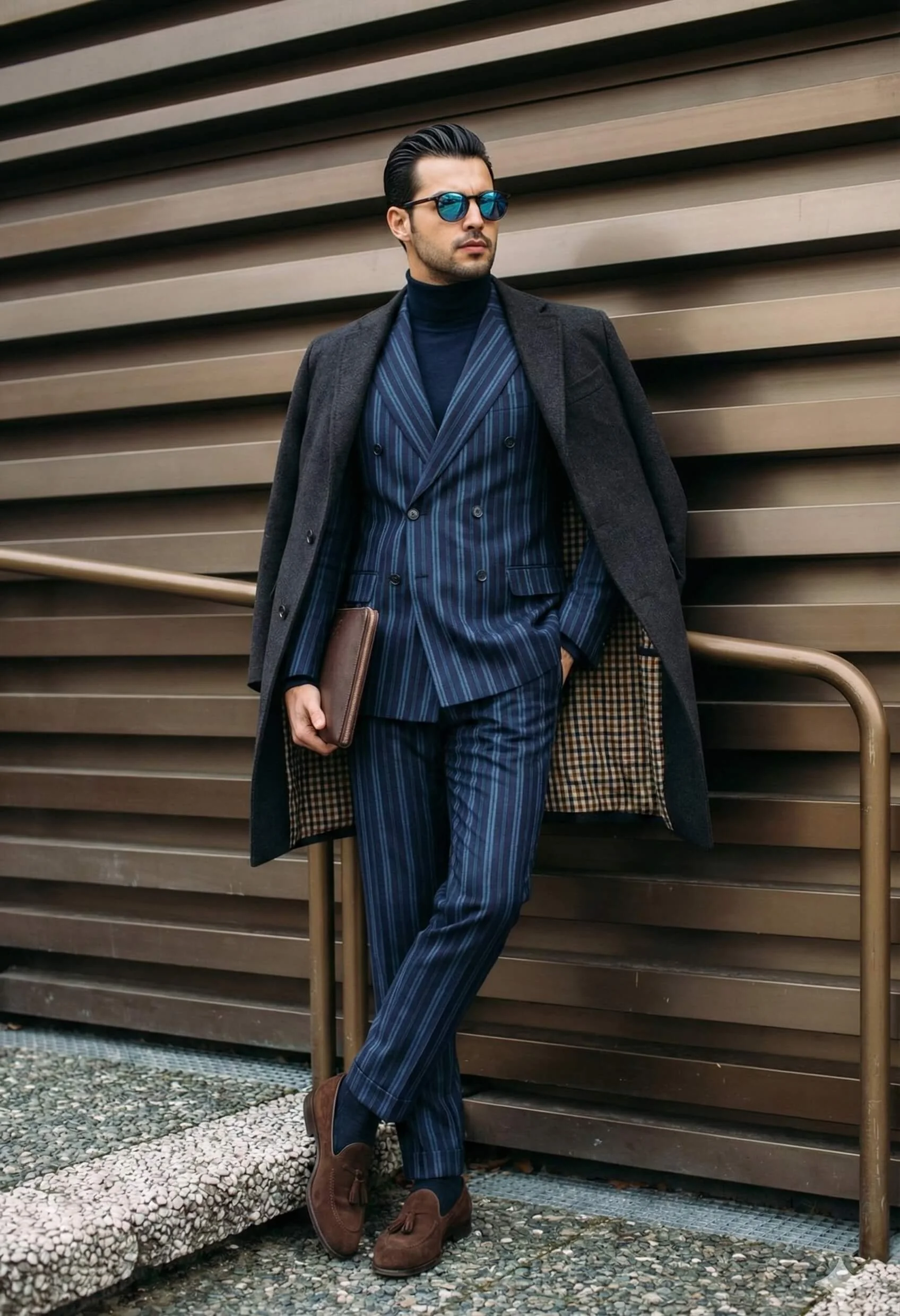 Man in a blue pinstripe suit and charcoal overcoat standing beside a metal railing