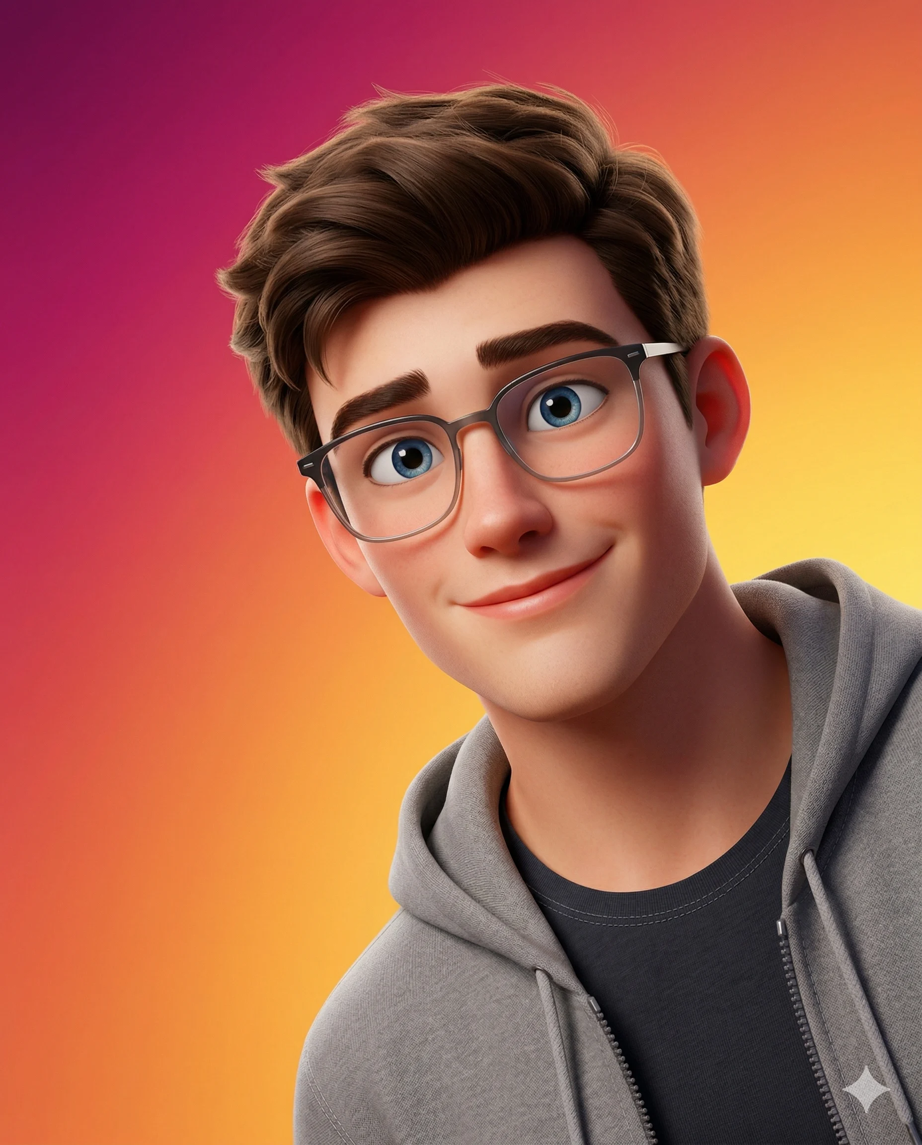 Stylized 3D male character with glasses against a magenta and orange gradient background