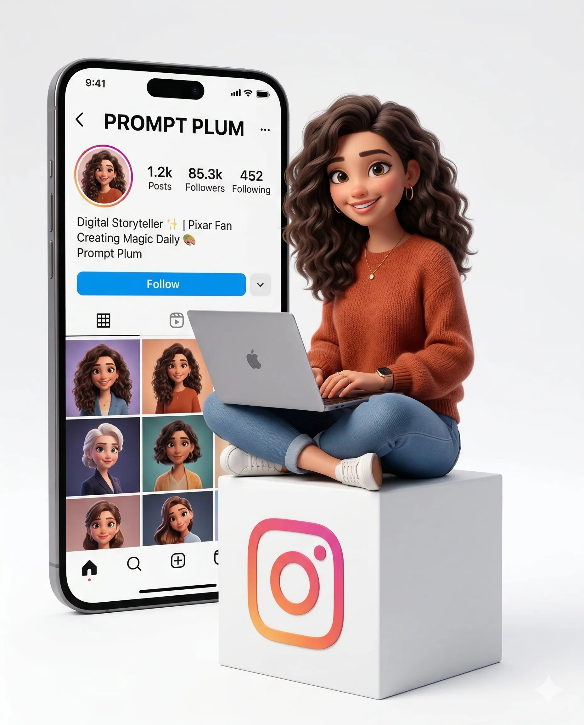 Female 3D creator sitting cross-legged with a laptop in front of a social media profile screen
