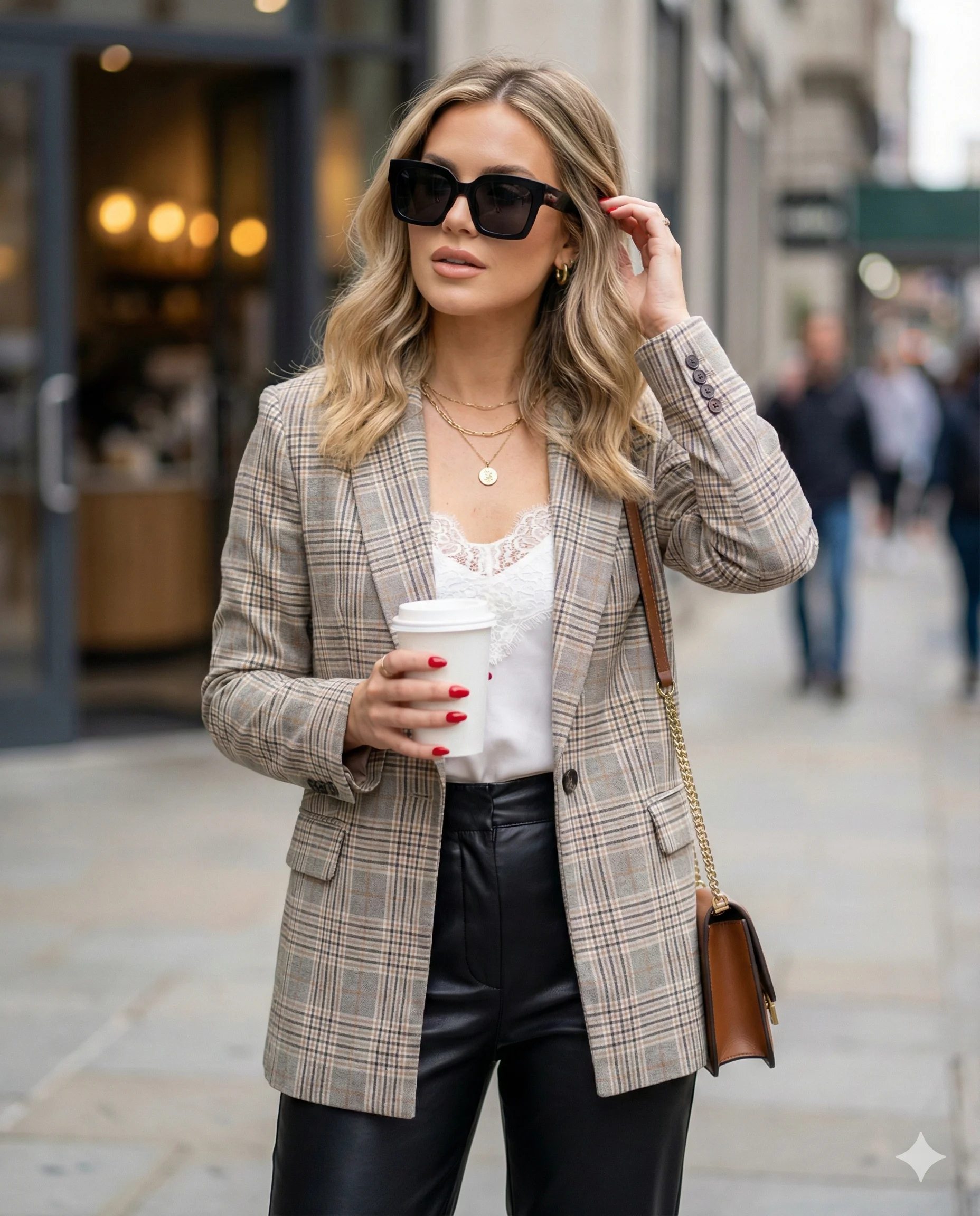 Woman wearing a plaid blazer and black leather pants outside a café