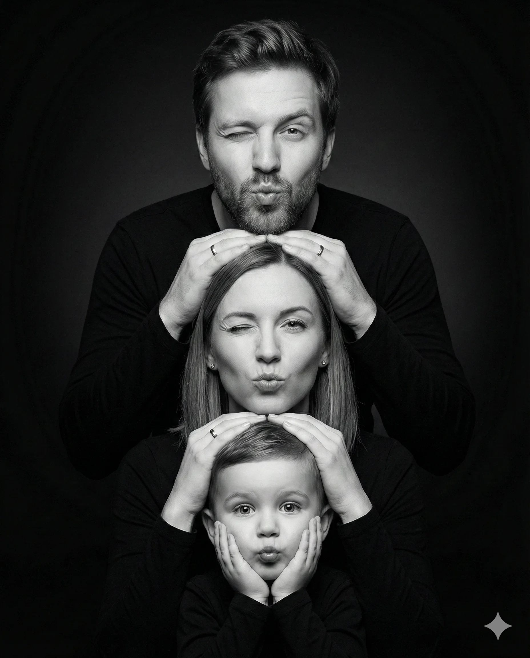 Smiling family members arranged in a playful stacked pose in a black and white portrait