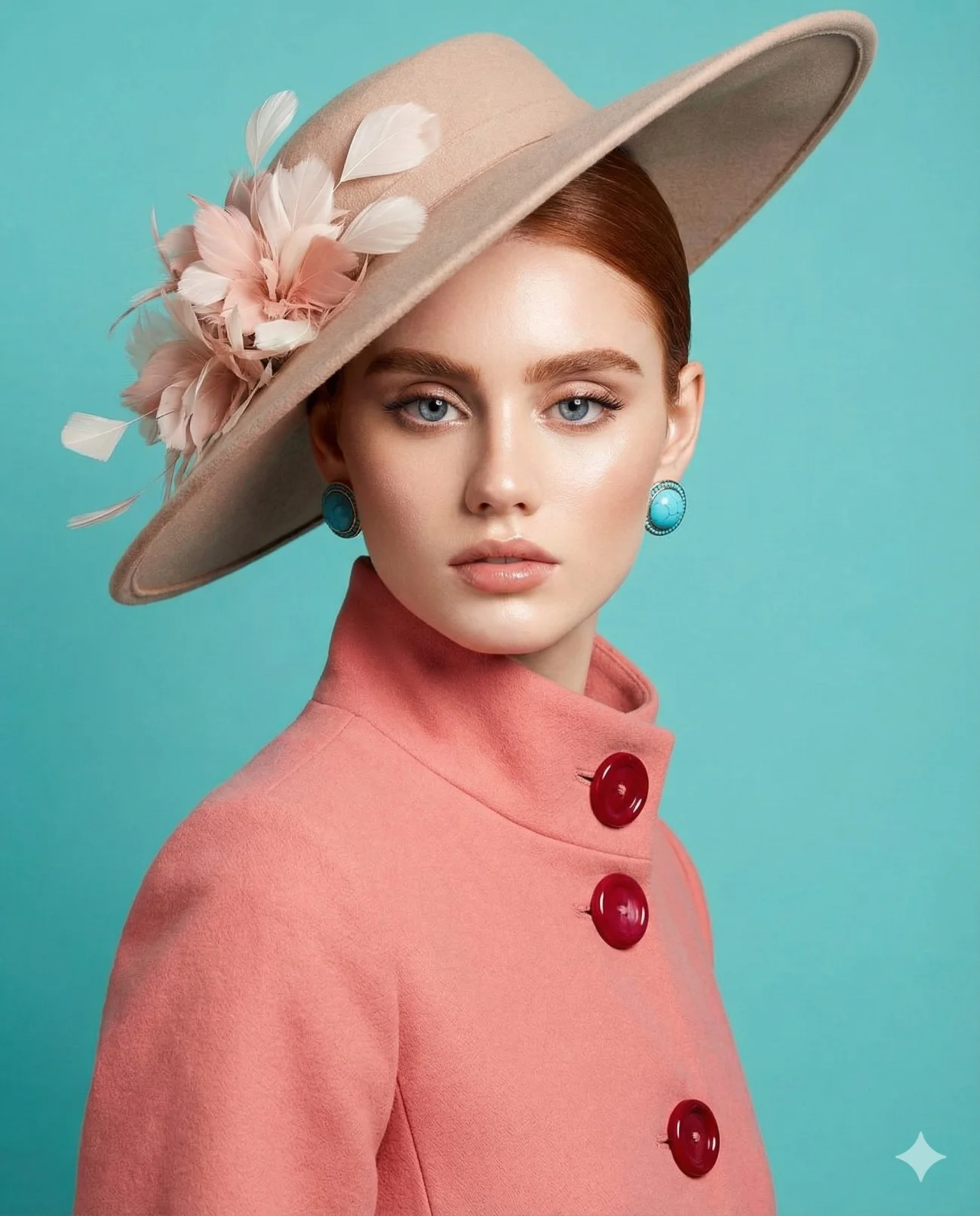 Woman wearing a coral coat and wide-brim hat against a teal background