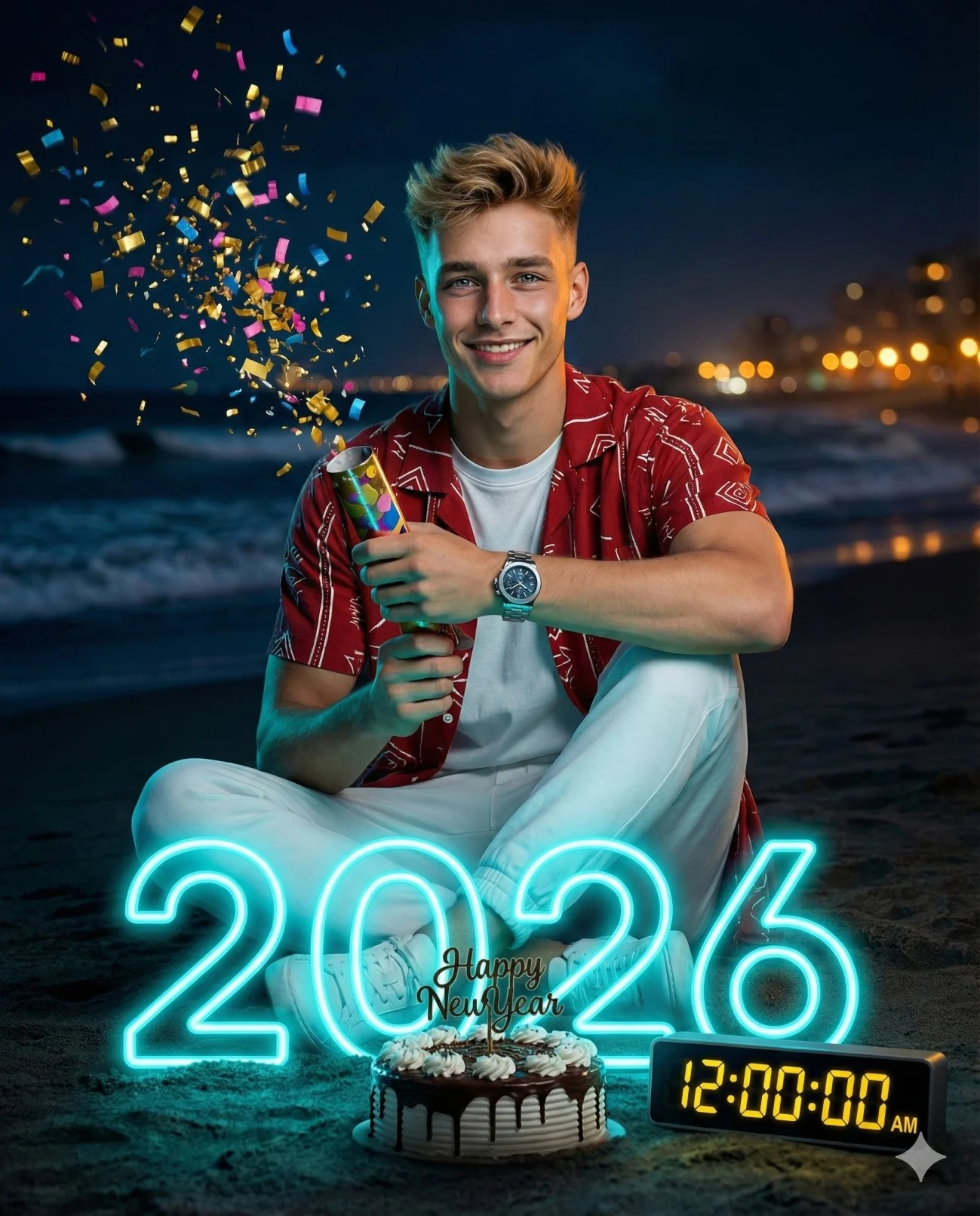 Person posing inside large 2026 numbers on a beach with fireworks and New Year decorations