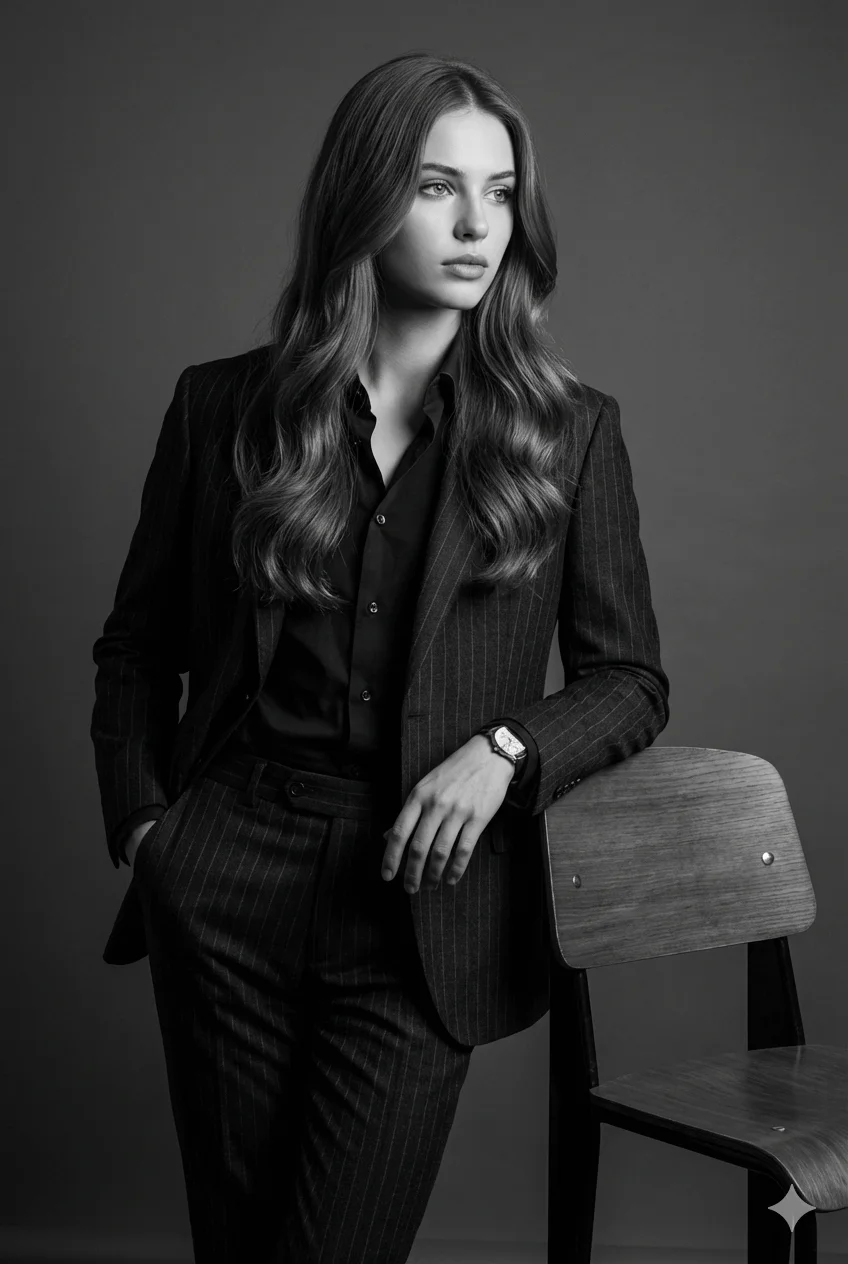 Man in a pinstripe suit leaning against a backward chair in a monochrome studio portrait