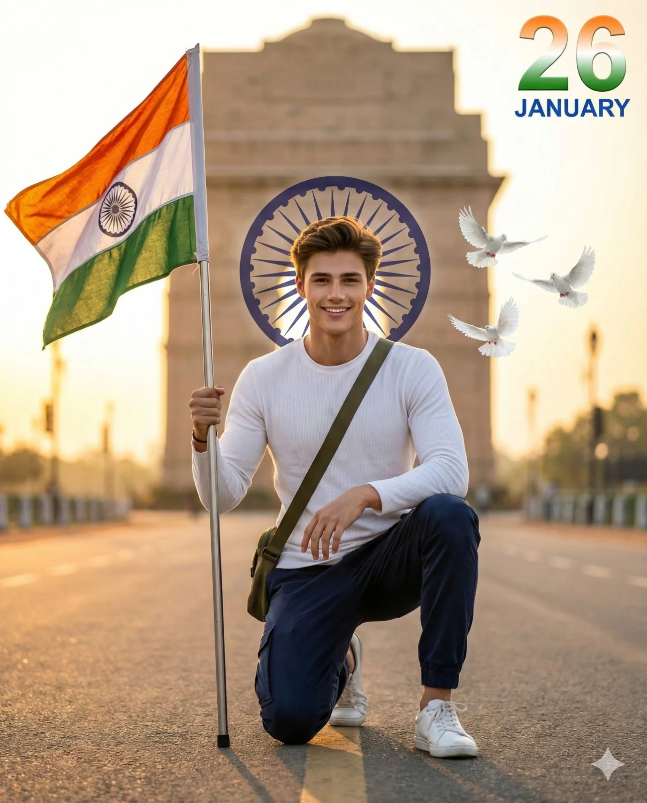 Person holding the Indian tricolor near India Gate in a Republic Day portrait