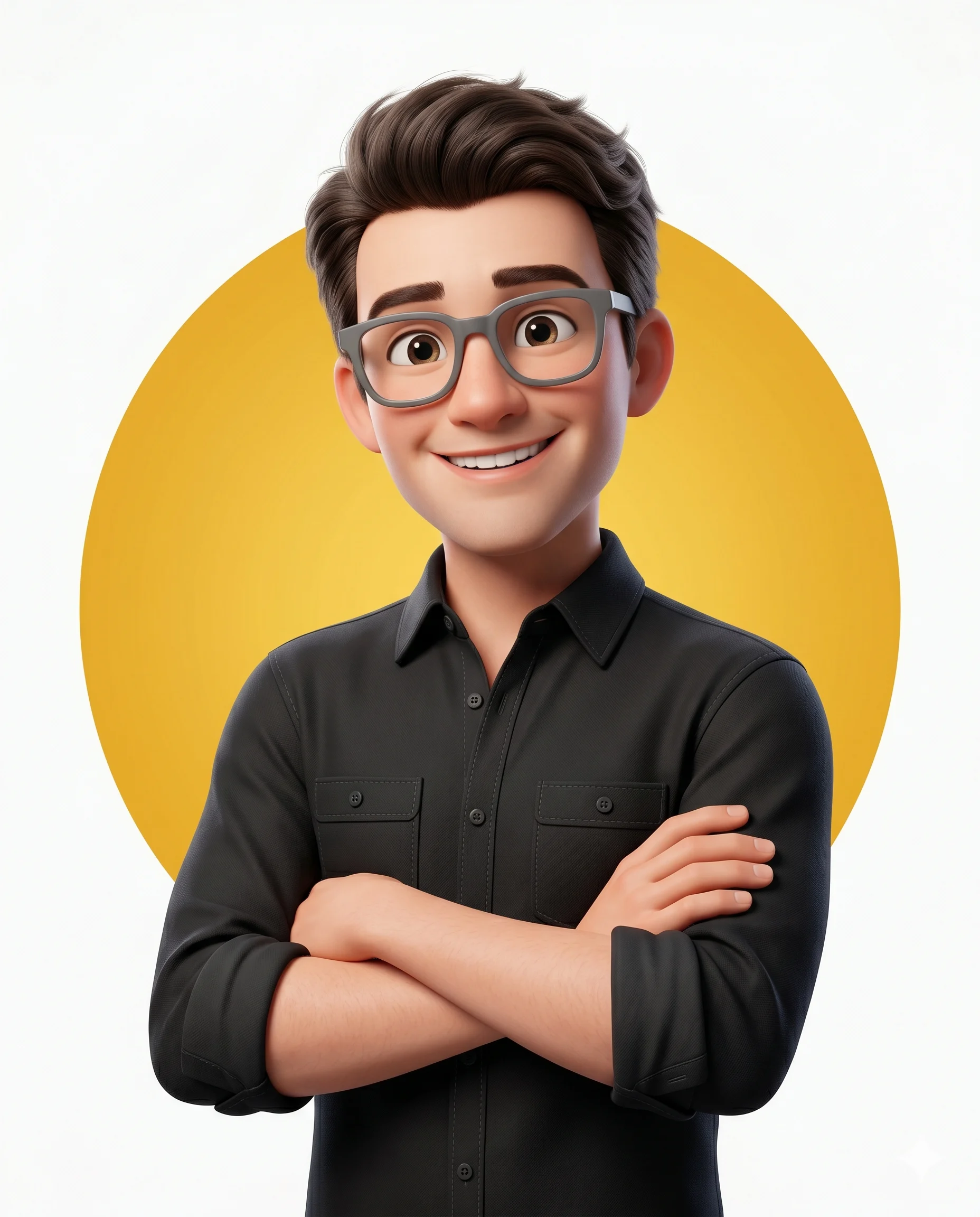 Male 3D avatar in a black shirt with a yellow circle on a white background