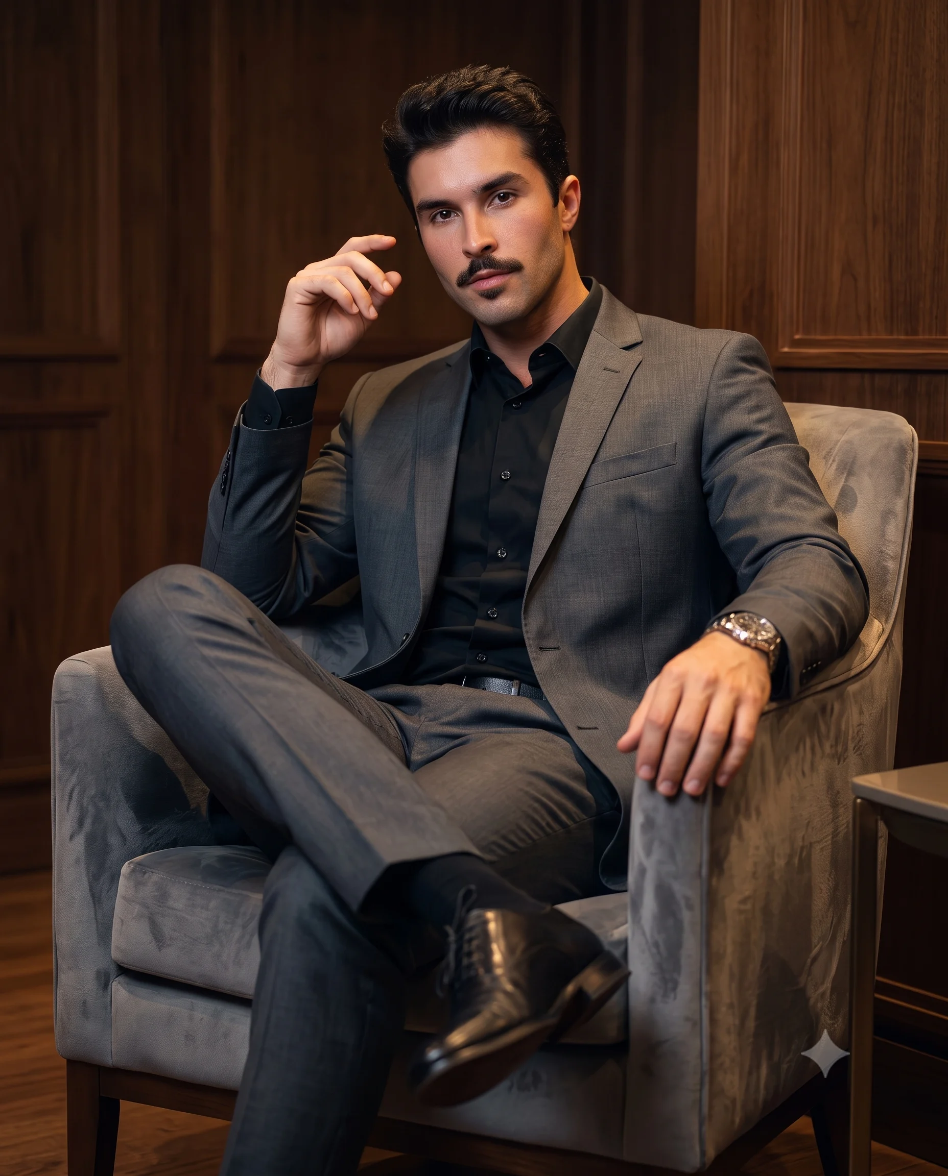 Professional businessman seated confidently in a formal armchair in an elegant interior