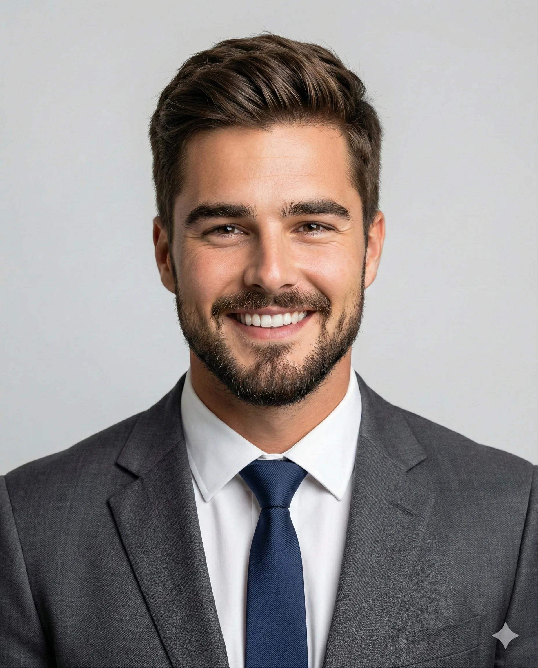 Businessman wearing a dark suit and tie in a neutral studio headshot