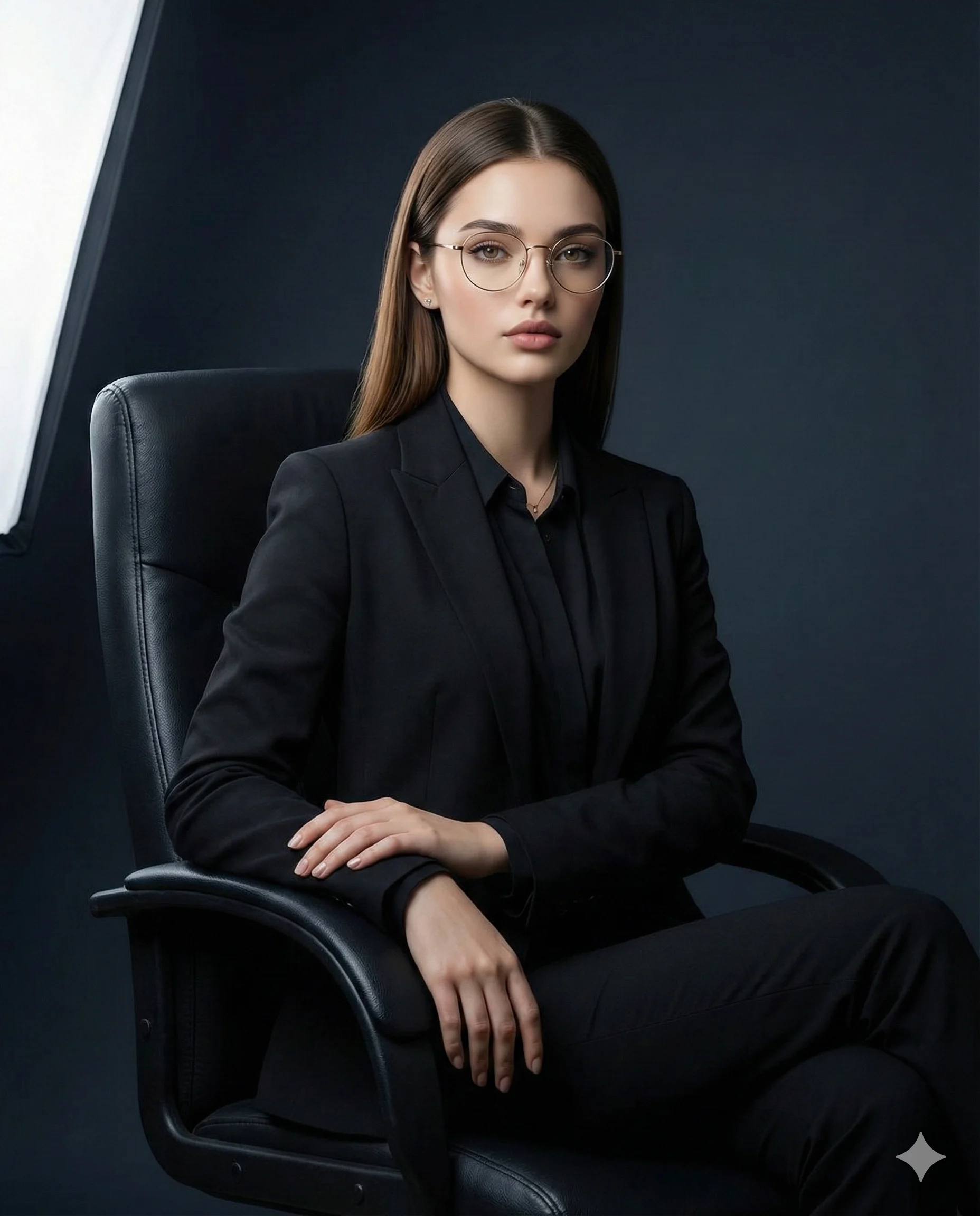 Confident businesswoman wearing a tailored black suit in a professional portrait