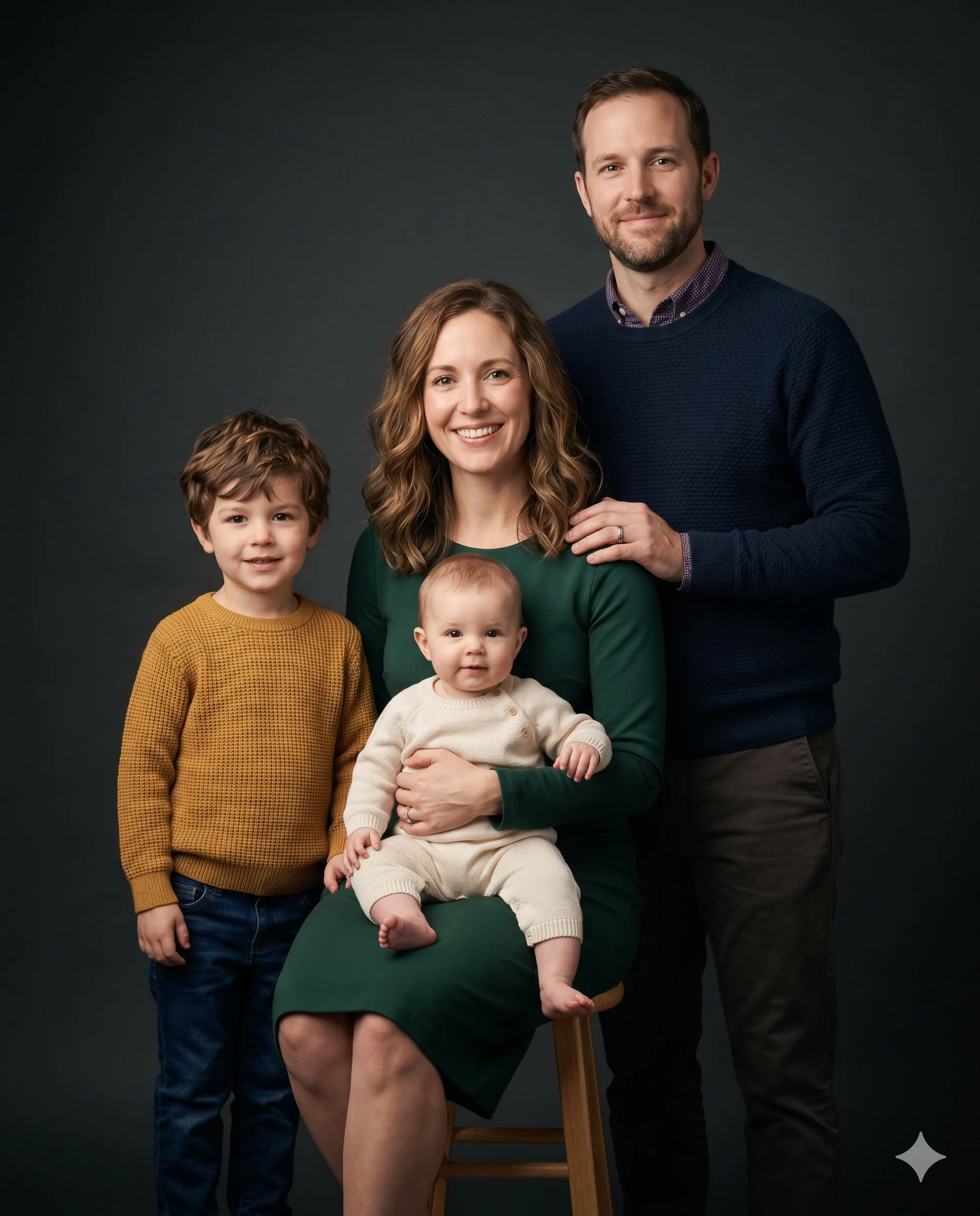 Family dressed in coordinated dark formalwear posing together in a studio portrait