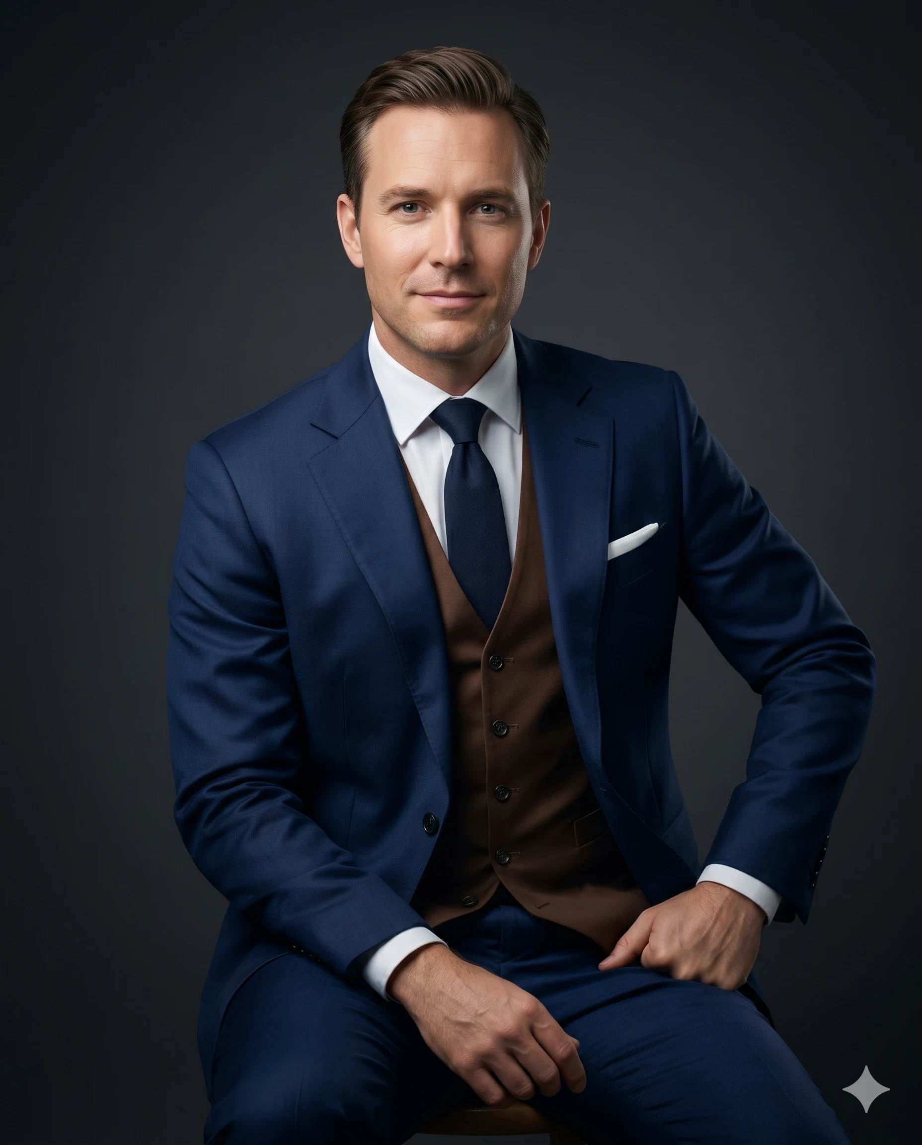 Man wearing a navy suit and brown waistcoat in a formal portrait