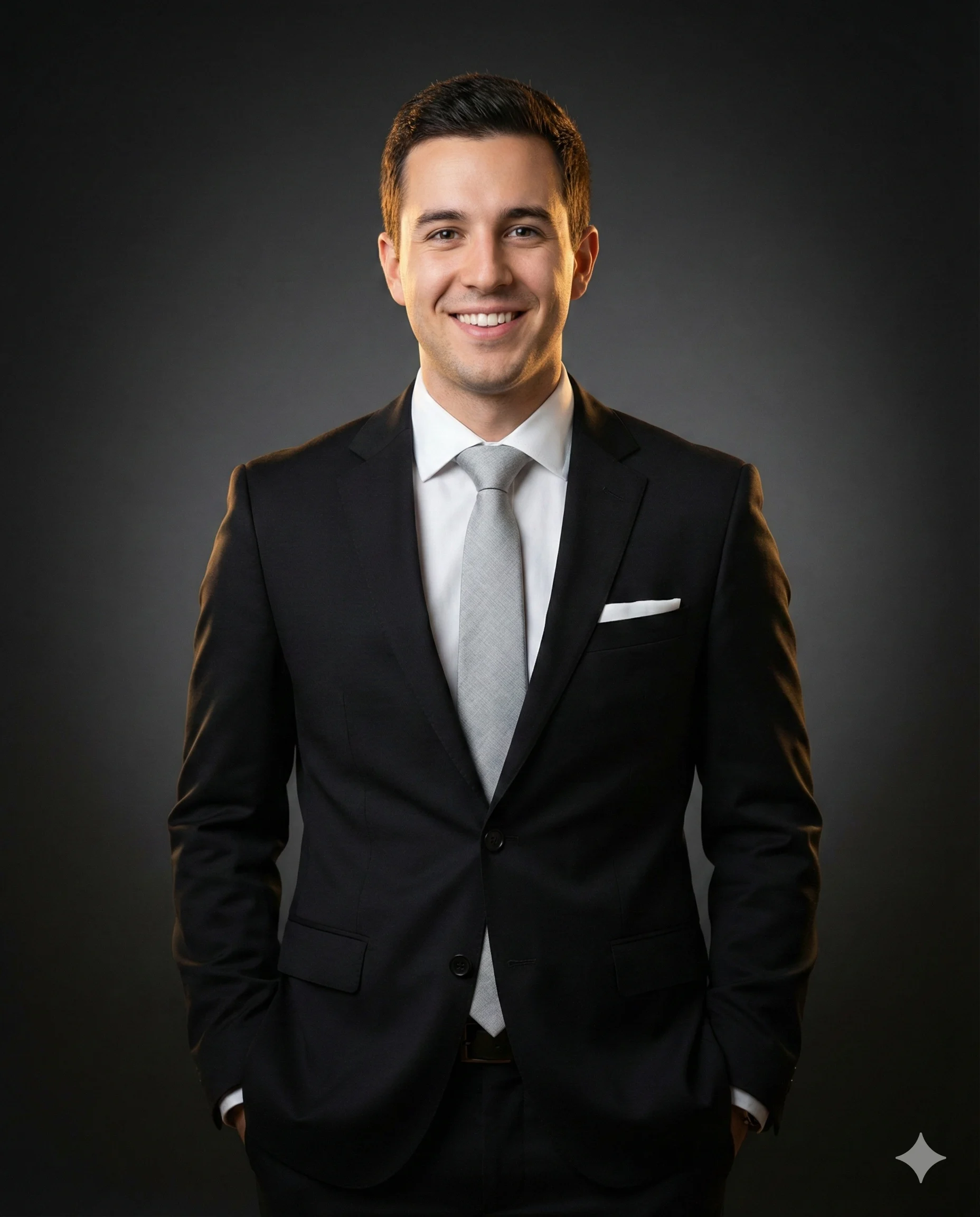 Smiling businessman in a black suit and grey tie against a charcoal studio backdrop