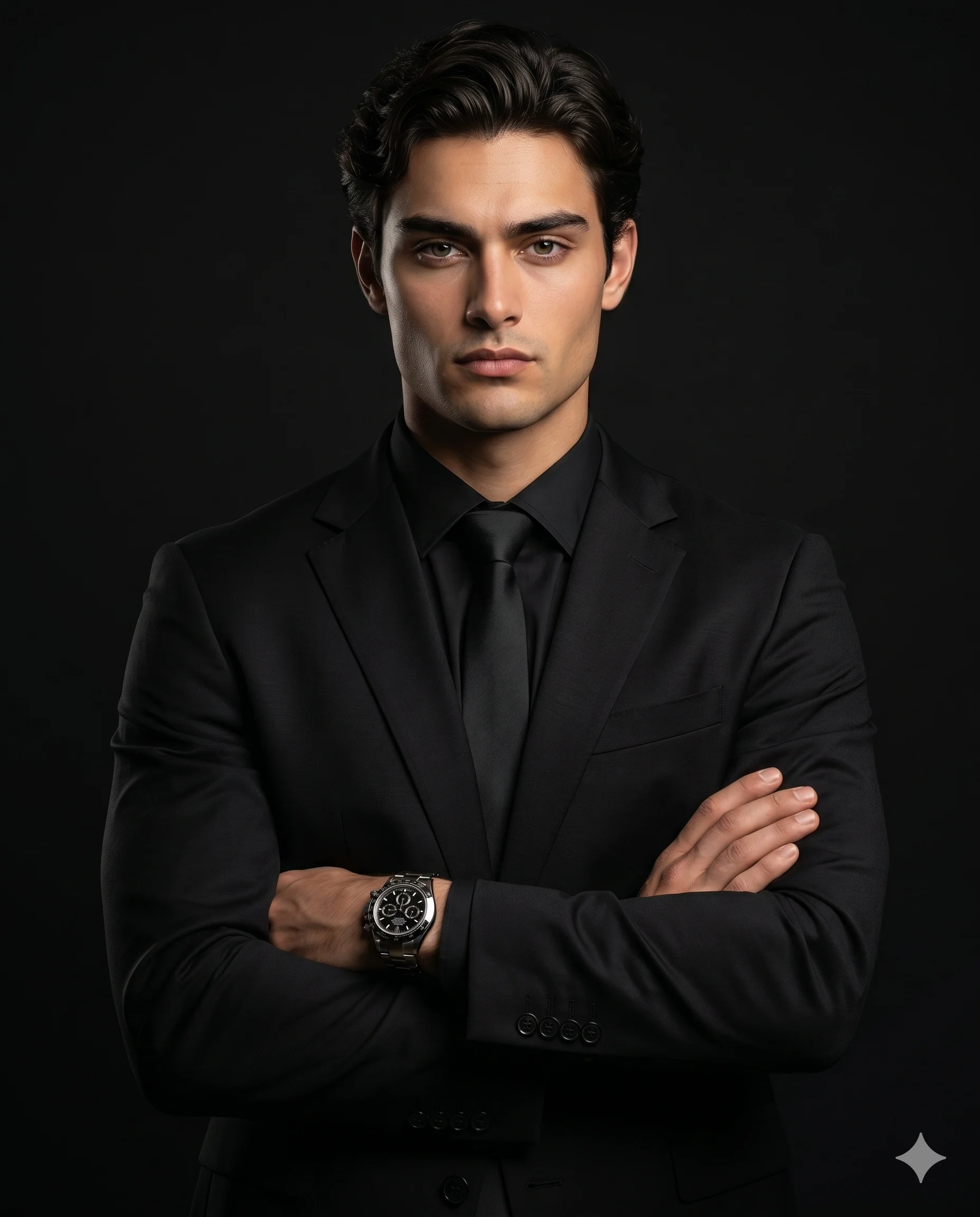 Serious man in an all-black suit standing with crossed arms on a dark background