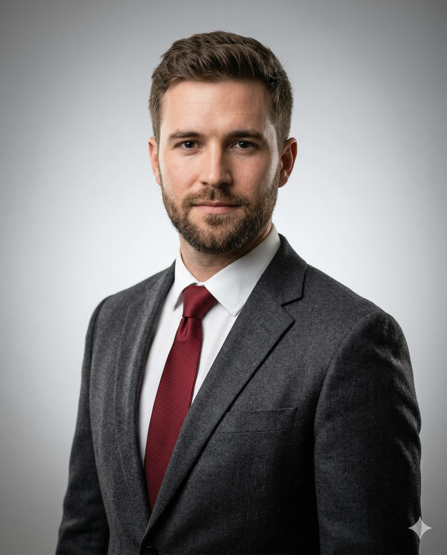 Professional man in a grey suit and red tie against a light studio background