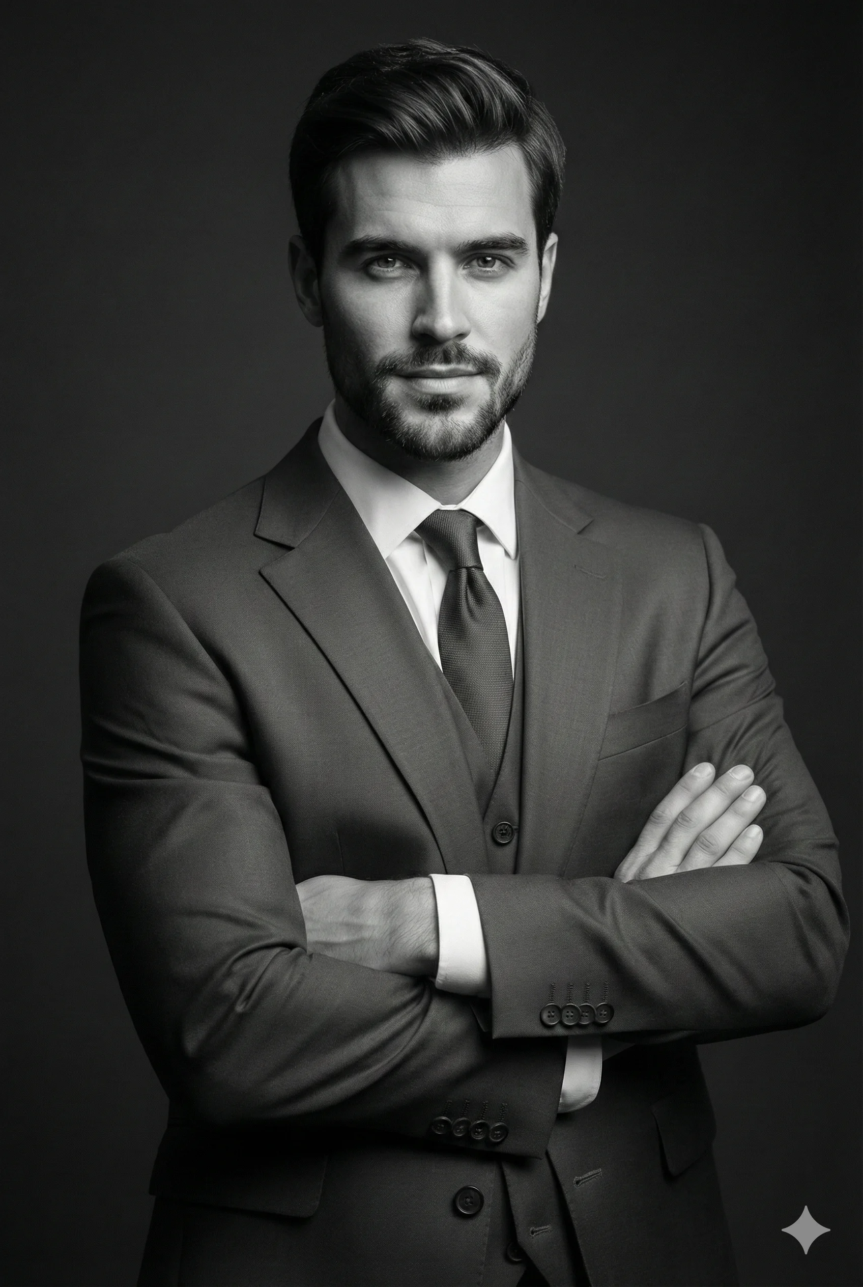 Black-and-white portrait of a man in a three-piece suit with his arms crossed